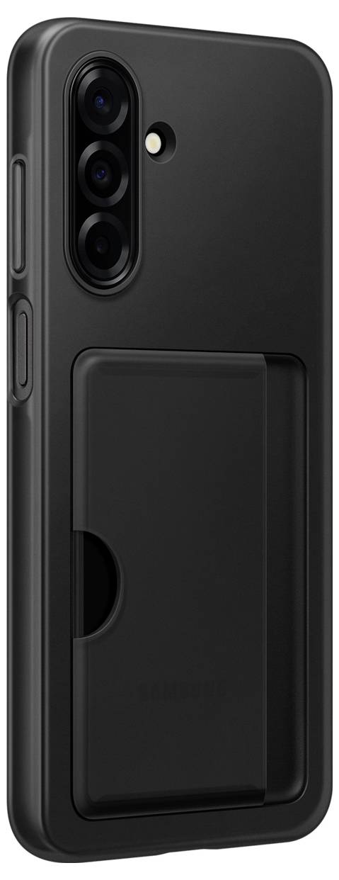 Ein schwarzes Smartphone mit einer dreifachen Kamera und einem Kartenfach auf der Rückseite.