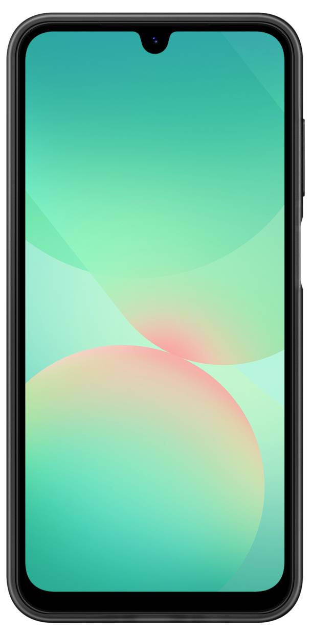 Ein Smartphone mit schwarzem Rahmen zeigt einen grünen Hintergrund mit abstrakten Formen auf seinem Bildschirm.