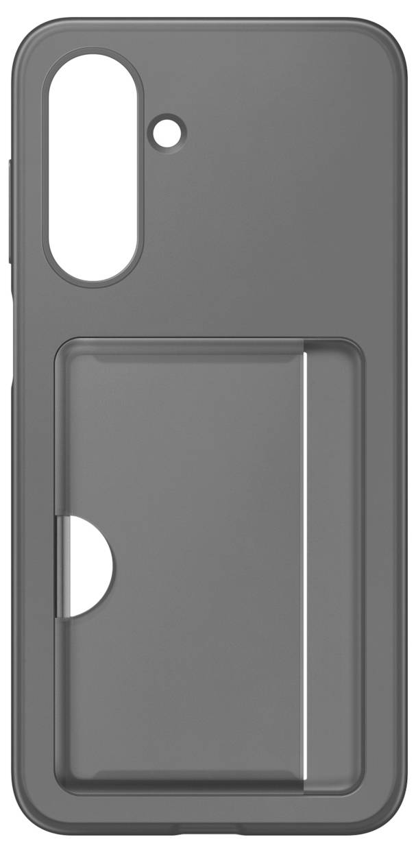 Dunkelgraue Smartphone-Schutzhülle mit integriertem Kartenfach auf der Rückseite und Aussparungen für Kamera und Blitz.