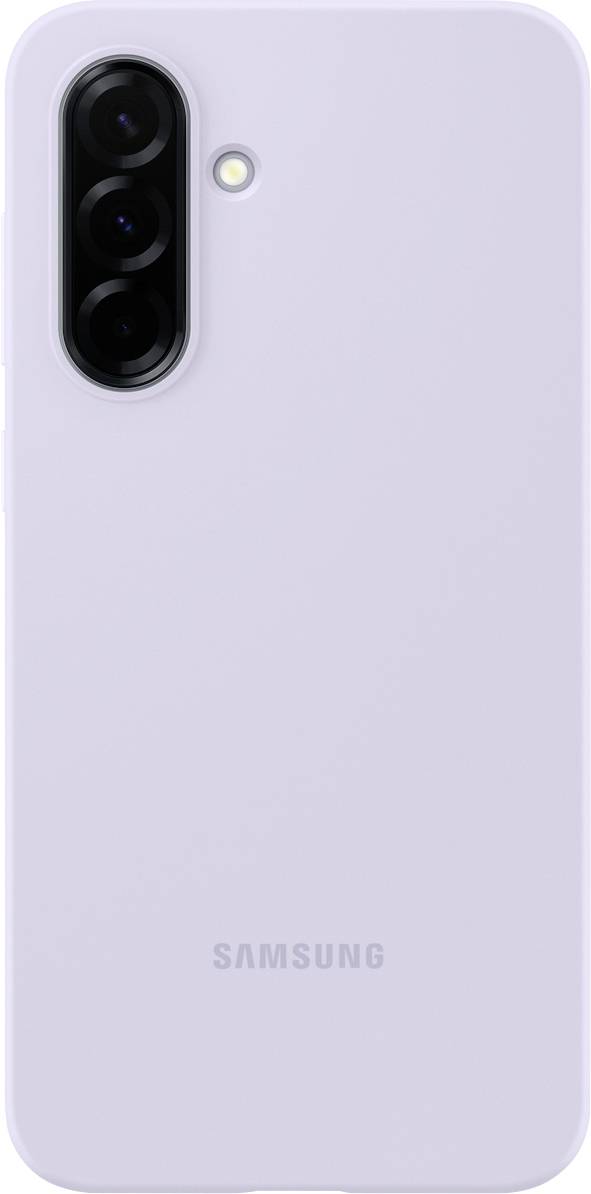 Rückseite eines lila Smartphones mit drei vertikal ausgerichteten Kameras links oben und dem Samsung-Logo unten.