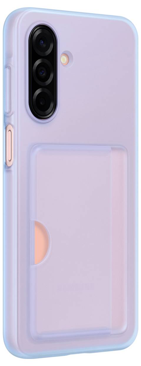 Lila Handyhülle mit drei schwarzen Kameraöffnungen und integriertem Kartenhalter. Seitenansicht zeigt Tasten und Kamera.