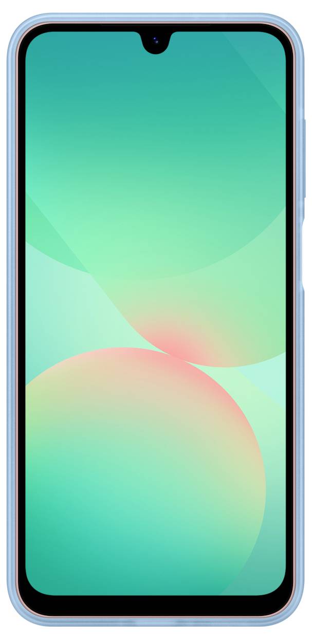 Ein Smartphone mit blauem Rahmen und einem Bildschirm, der abstrakte grüne und rosa Farbverläufe anzeigt.