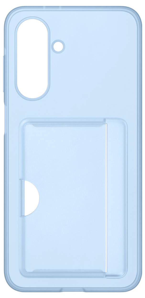 Hellblaue Handyhülle mit Aussparungen für Kamera und Blitz. Rückseitig integriertes Fach für Karten oder Notizen.