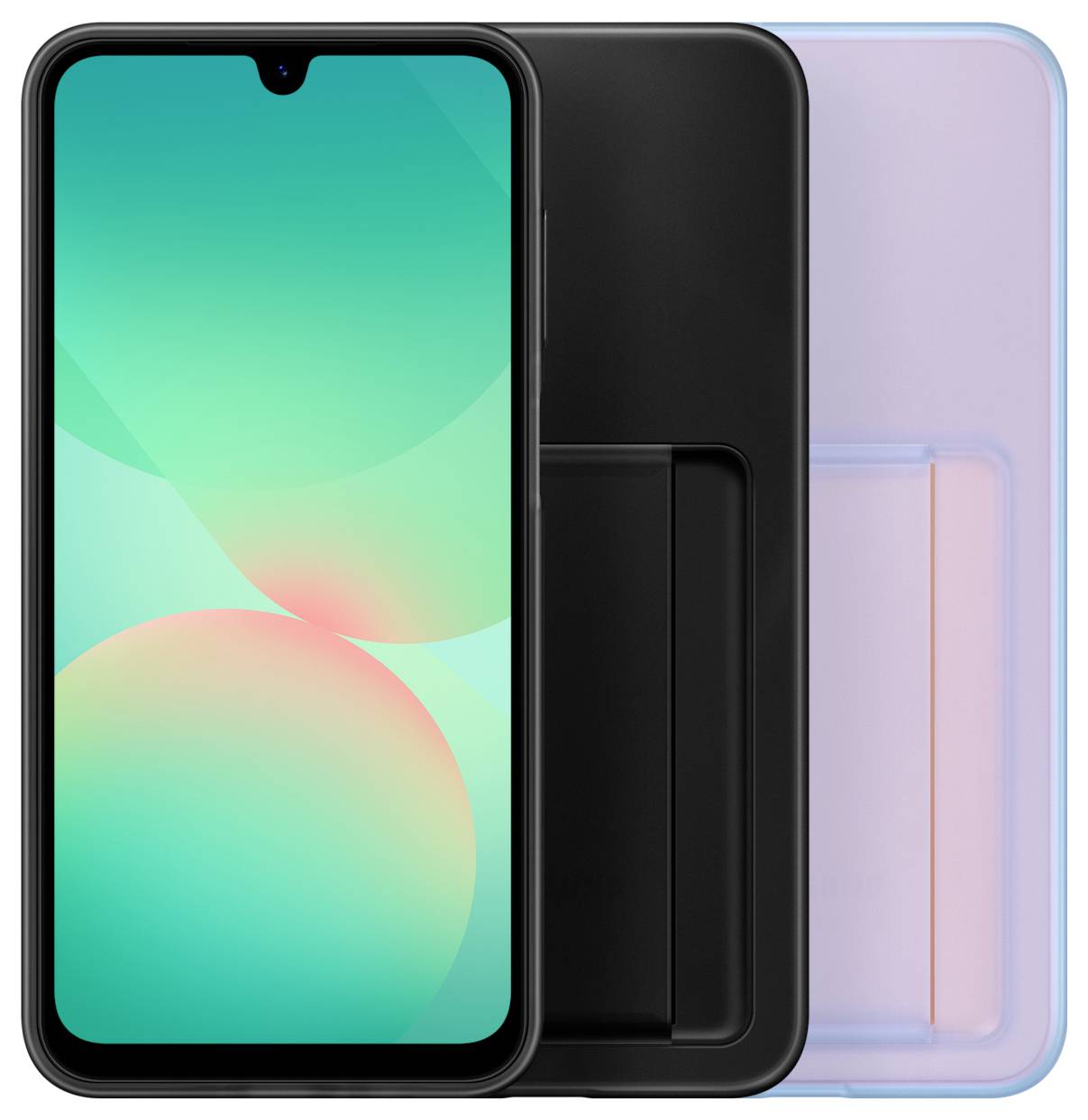 Ein Smartphone mit schwarzem Gehäuse und farbigem Bildschirm, stehend vor einer leeren, rosa-hinterlegten Hülle.