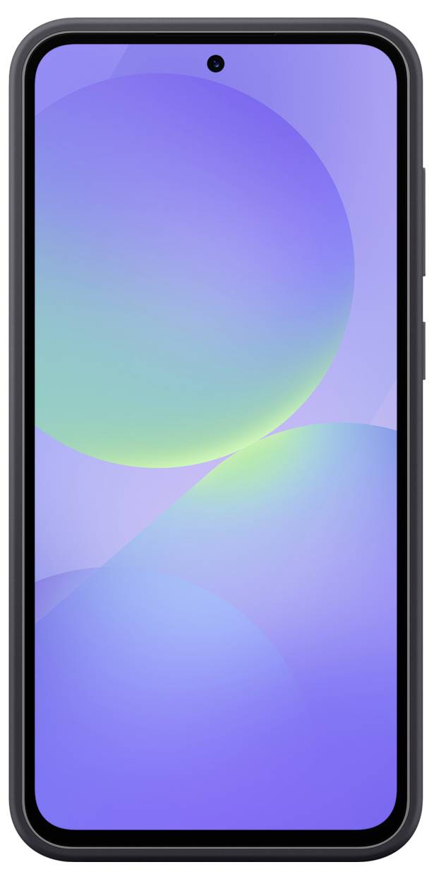 Smartphone mit schwarzem Rahmen, Bildschirm zeigt ein abstraktes, farbenfrohes Hintergrundbild in Blau- und Grüntönen.