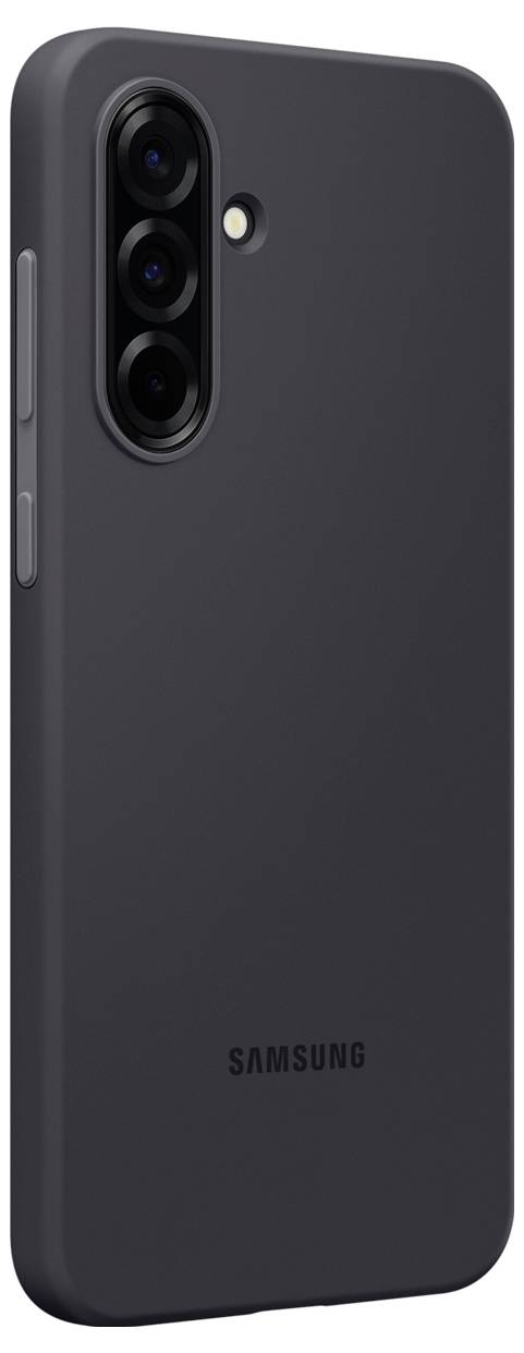 Smartphone mit schwarzer Hülle, drei Kameras auf der Rückseite sowie Samsung-Logo unten sichtbar.