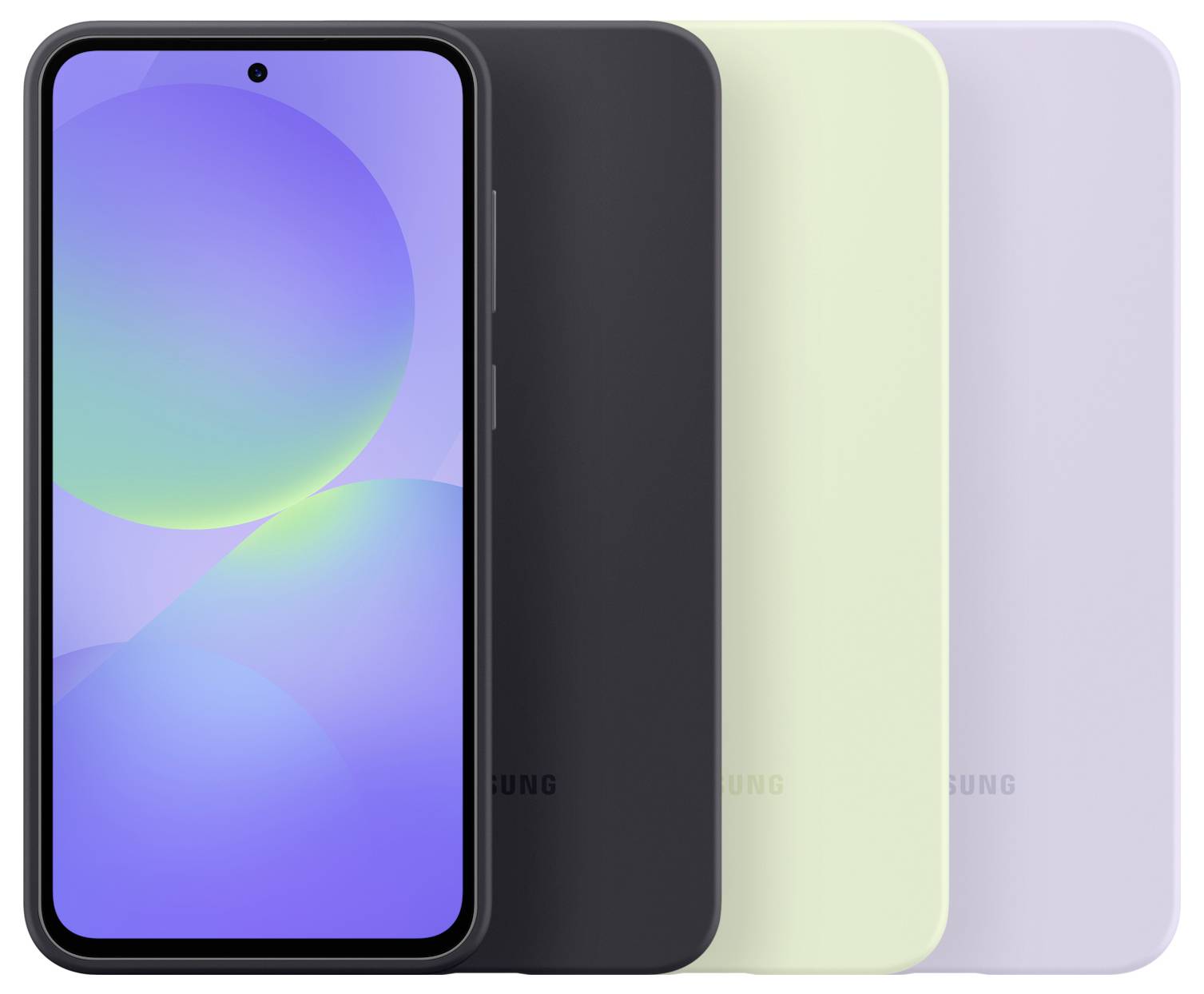 Vier Smartphone-Modelle von Samsung, in den Farben Schwarz, Hellgrün und Hellviolett, nebeneinander angeordnet.