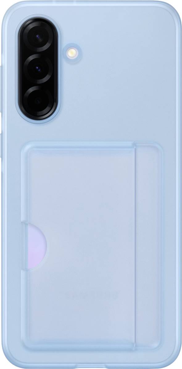 Ein hellblaues Smartphone mit drei Kameralinsen und einem LED-Blitz oben links. Auf der Rückseite befindet sich ein Kartenfach.