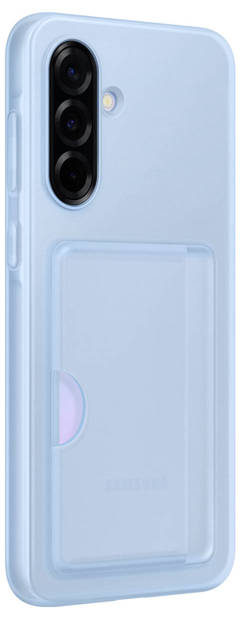 Smartphone mit blauer Hülle, die eine integrierte Schiebetasche für Karten auf der Rückseite hat. Drei Kameralinsen sind sichtbar.