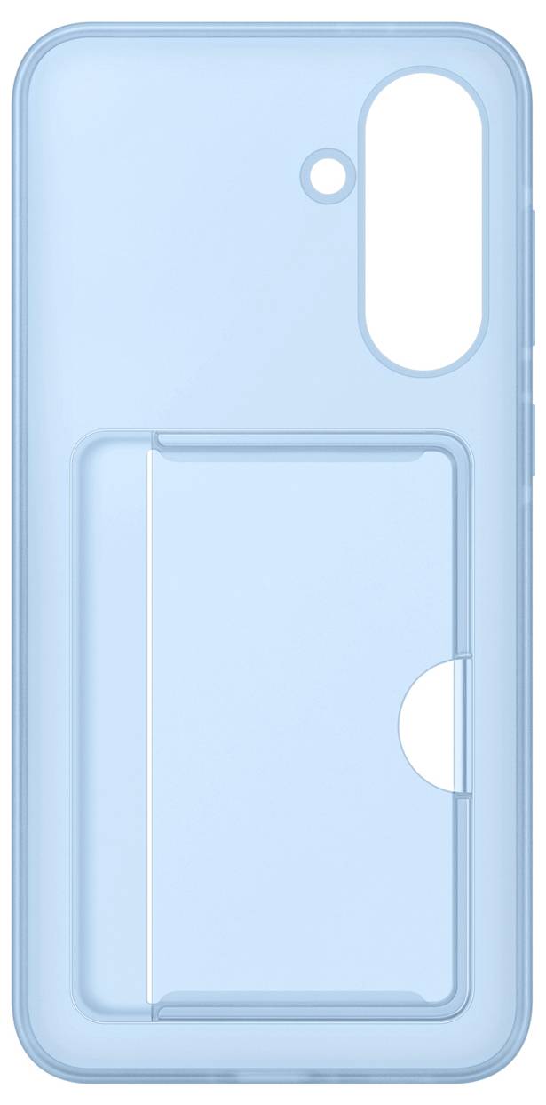 Transparente, hellblaue Smartphone-Hülle mit rechteckiger Aussparung für die Kamera und Schiebefach auf der Rückseite.