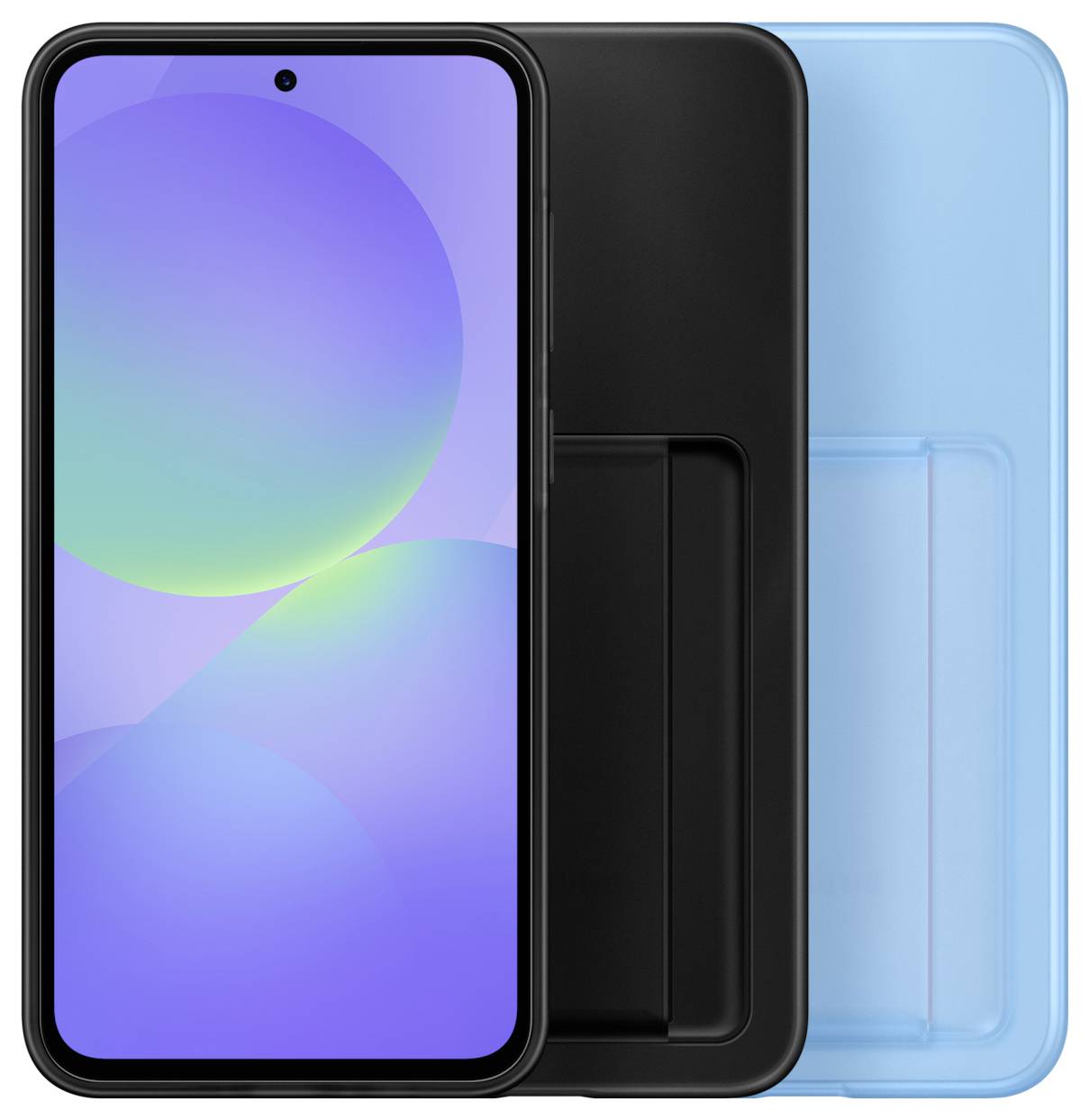 Zwei Smartphones, eines in einem schwarzen Gehäuse mit blauem Hintergrundbild und eines in einem transparenten blauen Gehäuse, nebeneinander.