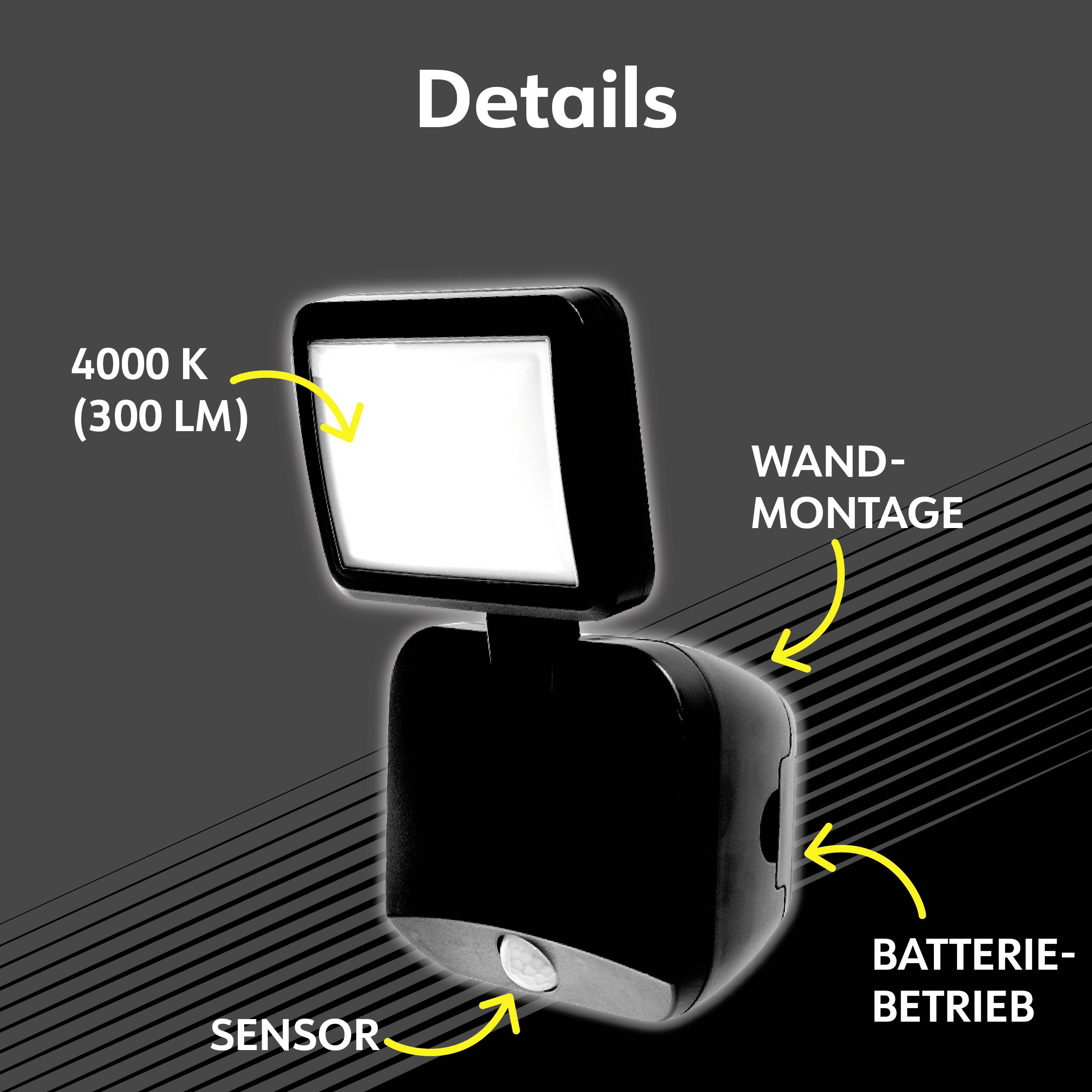 LED-Licht mit 4000 K, 300 Lumen. Wandmontage. Betrieb mit Batterien. Sensor unten. Markierungen zeigen Details an.