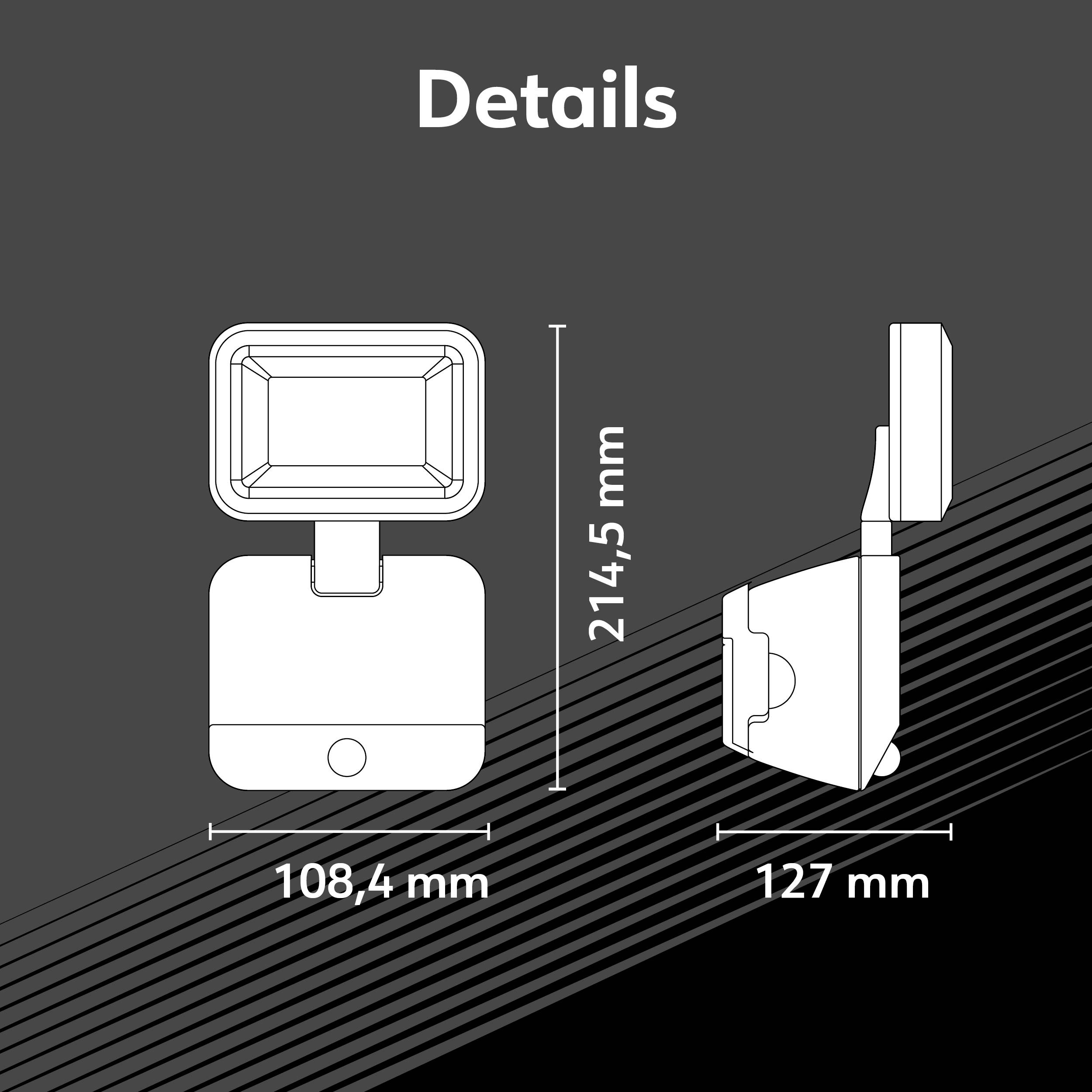 Abbildung eines rechteckigen LED-Lichts mit den Abmessungen: Höhe 214,5 mm, Breite 108,4 mm, Tiefe 127 mm; Vorder- und Seitenansicht.
