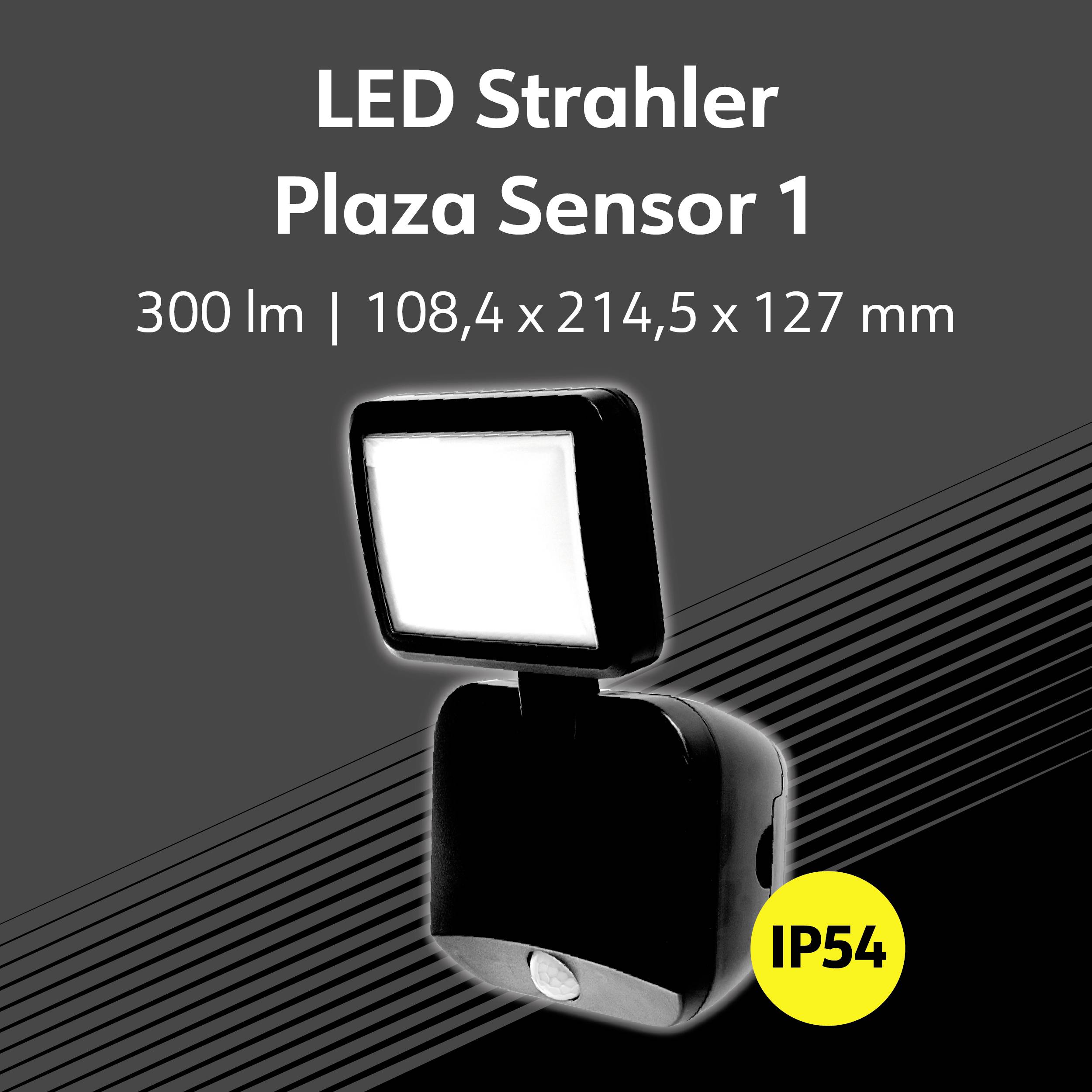 LED Strahler mit Sensor, 300 Lumen, Größe 108,4 x 214,5 x 127 mm, Schutzart IP54, geeignet für Außenbereich.