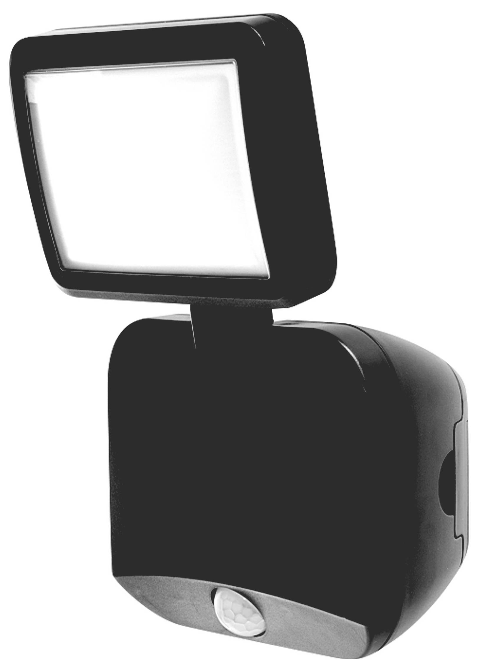 Schwarzer LED-Außenstrahler mit rechteckigem, verstellbarem Kopf. Geeignet für Wandmontage, ideal zur Beleuchtung von Außenbereichen.