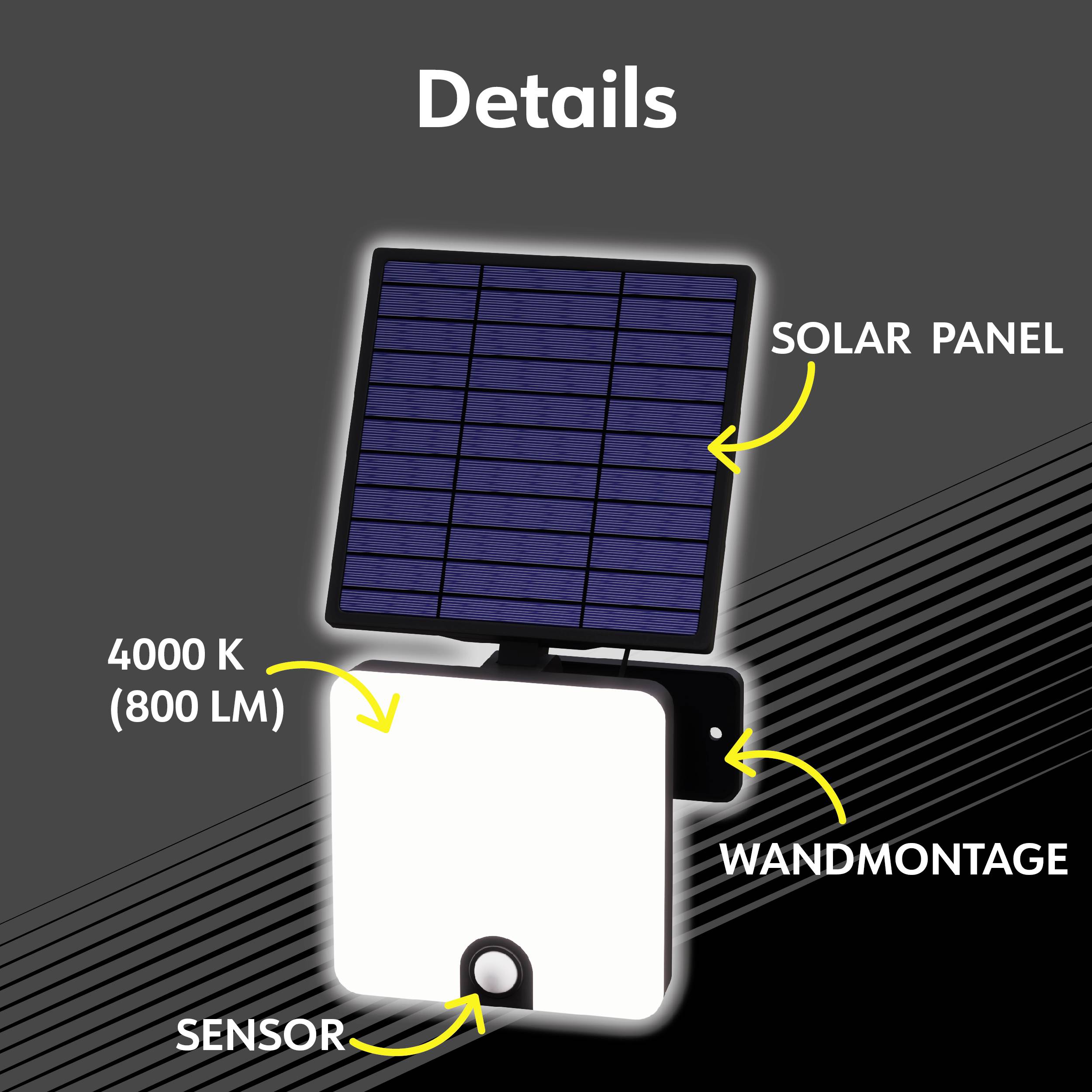 Solarleuchte mit Solarpanel und Sensor, 4000 K (800 Lumen), zur Wandmontage.