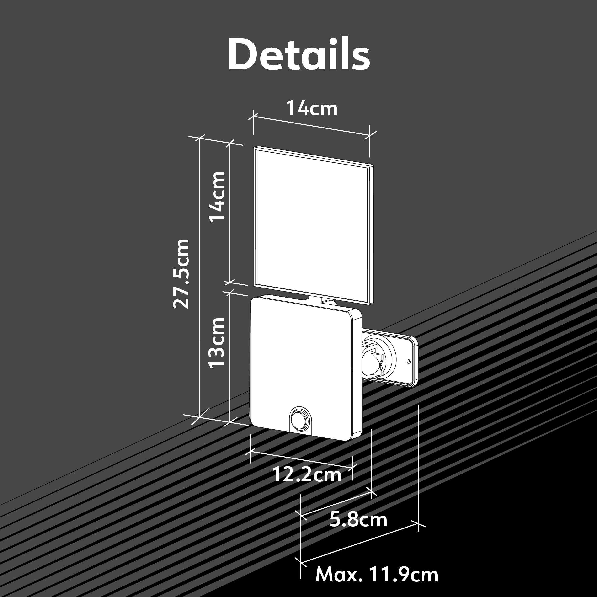 Skizze einer rechteckigen Lampe mit Maßen: Höhe 27,5 cm, Breite 14 cm, Tiefe 12,2 cm. Geeignet für Wandmontage.