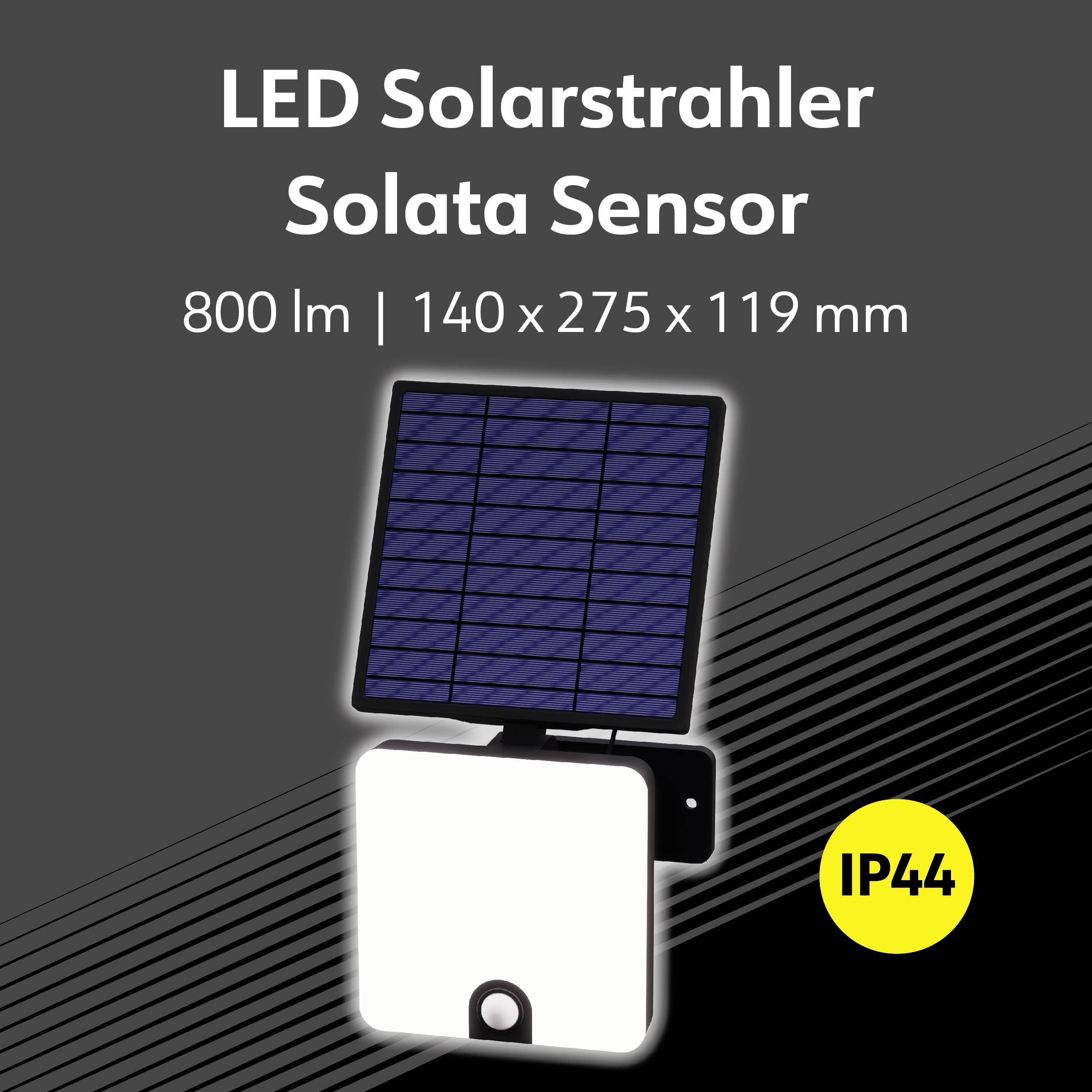 LED Solarstrahler Solata Sensor, 800 lm, 140 x 275 x 119 mm, IP44. Schwarzer Hintergrund mit diagonalen Linien, gelber IP44-Kreis.