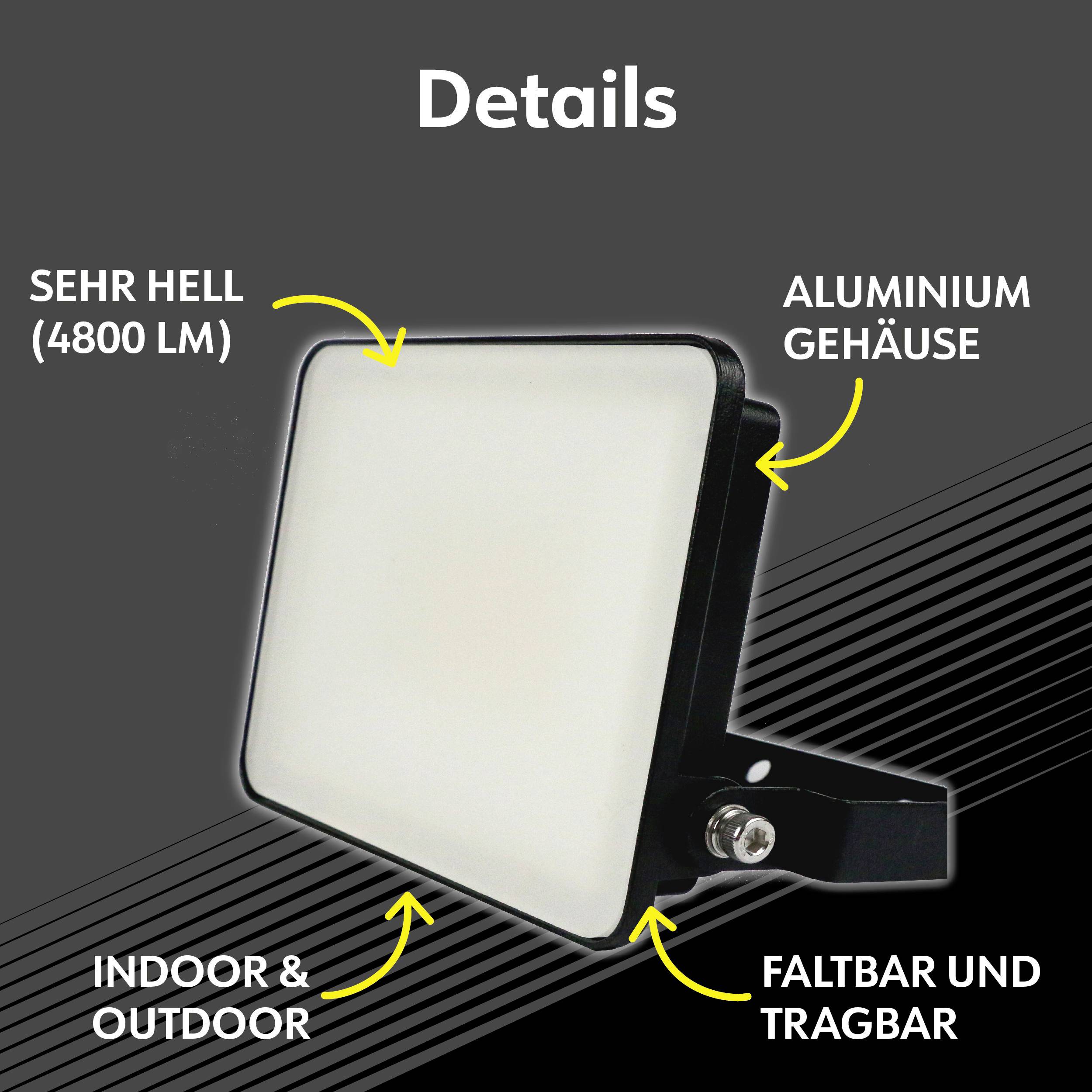 Ein schwarzer LED-Strahler mit Beschriftungen: 'Sehr hell (4800 Lm)', 'Aluminiumgehäuse', 'Indoor & Outdoor', 'Faltbar und tragbar'.