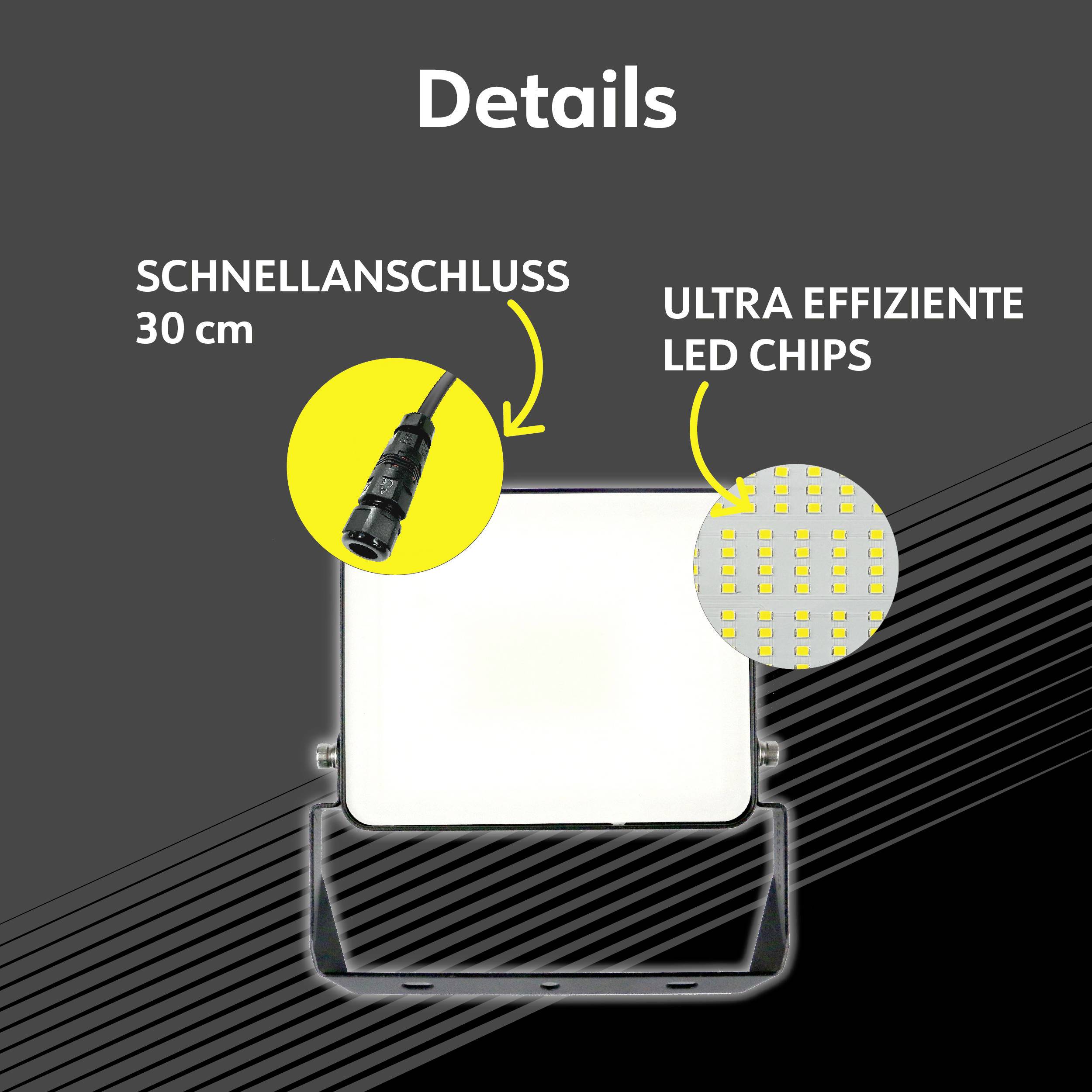 'Details' zeigt Scheinwerfer mit Beschriftungen 'Schnellanschluss 30 cm' und 'Ultra effiziente LED Chips', die Merkmale betonen.