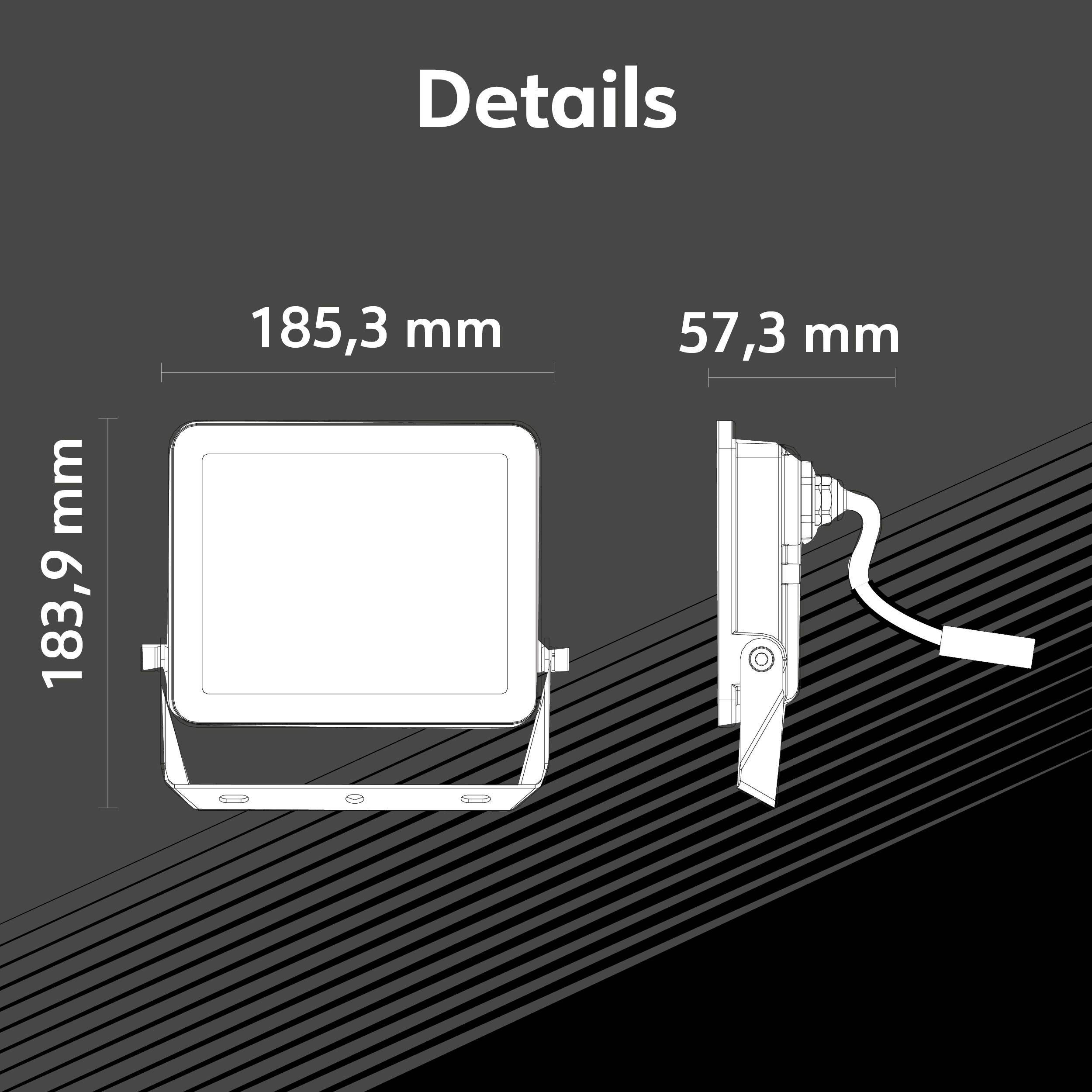 Flutlicht schein Design mit Dimensionen; vorne: 185,3 mm breit, 183,9 mm hoch; seitlich: 57,3 mm tief.