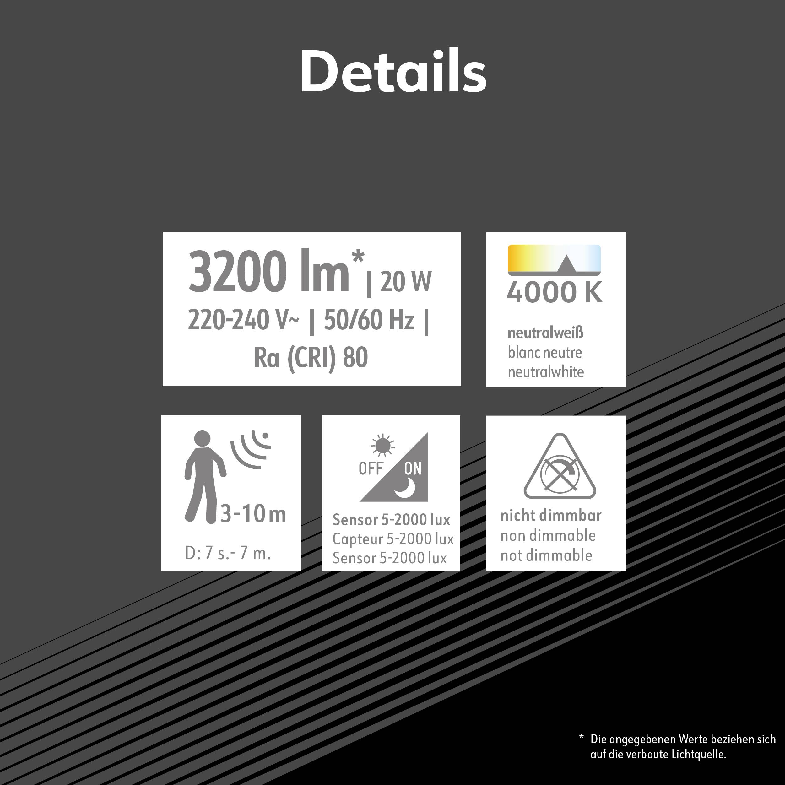 'Details' steht oben. Informationen: 3200 Lumen, 20 Watt, 4000 Kelvin, neutralweiß. Nicht dimmbar. Bewegungssensor: 3–10 Meter, 7 Sekunden bis 7 Minuten.