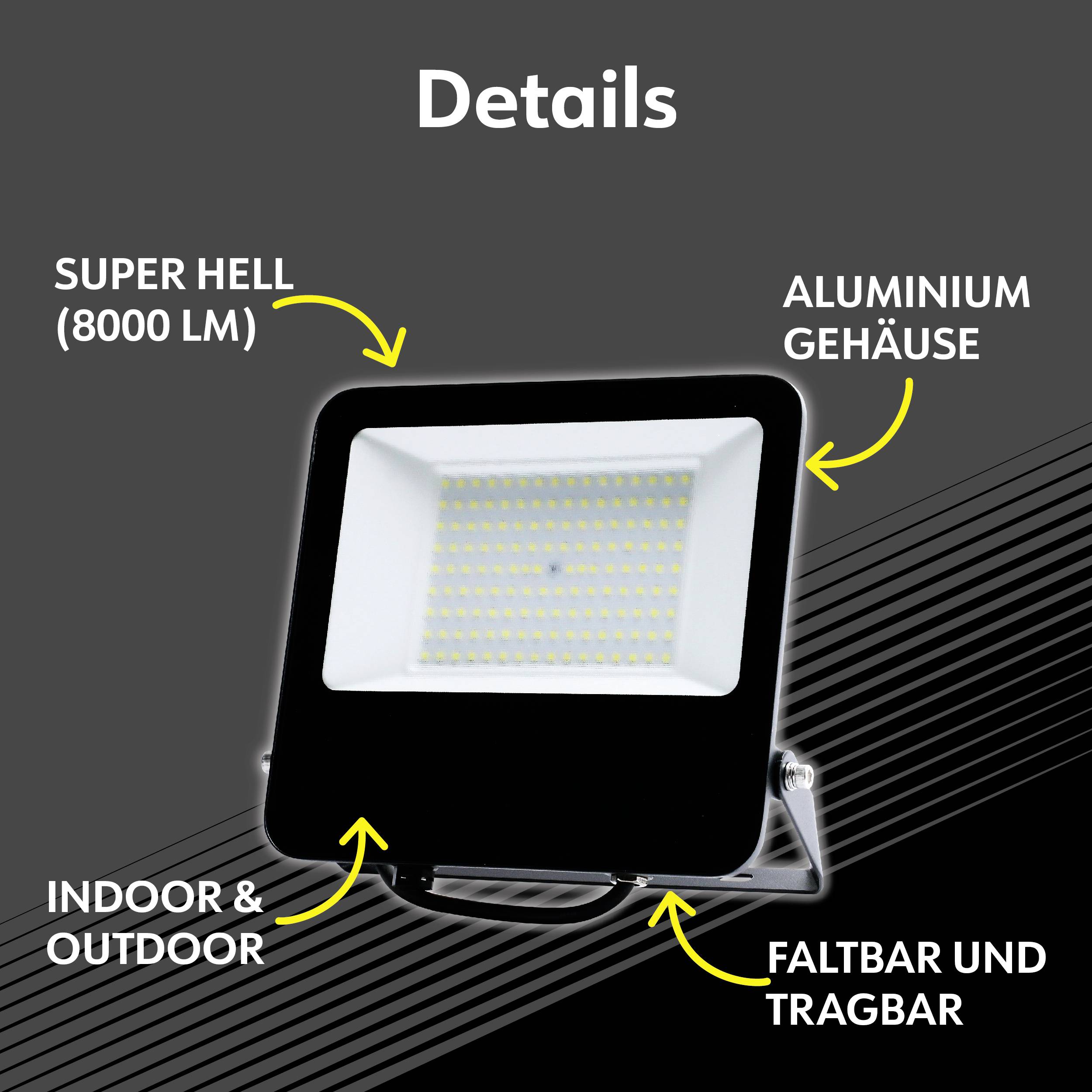 Ein LED-Strahler mit Aluminiumgehäuse, super hell (8000 Lumen), geeignet für drinnen und draußen, faltbar und tragbar.