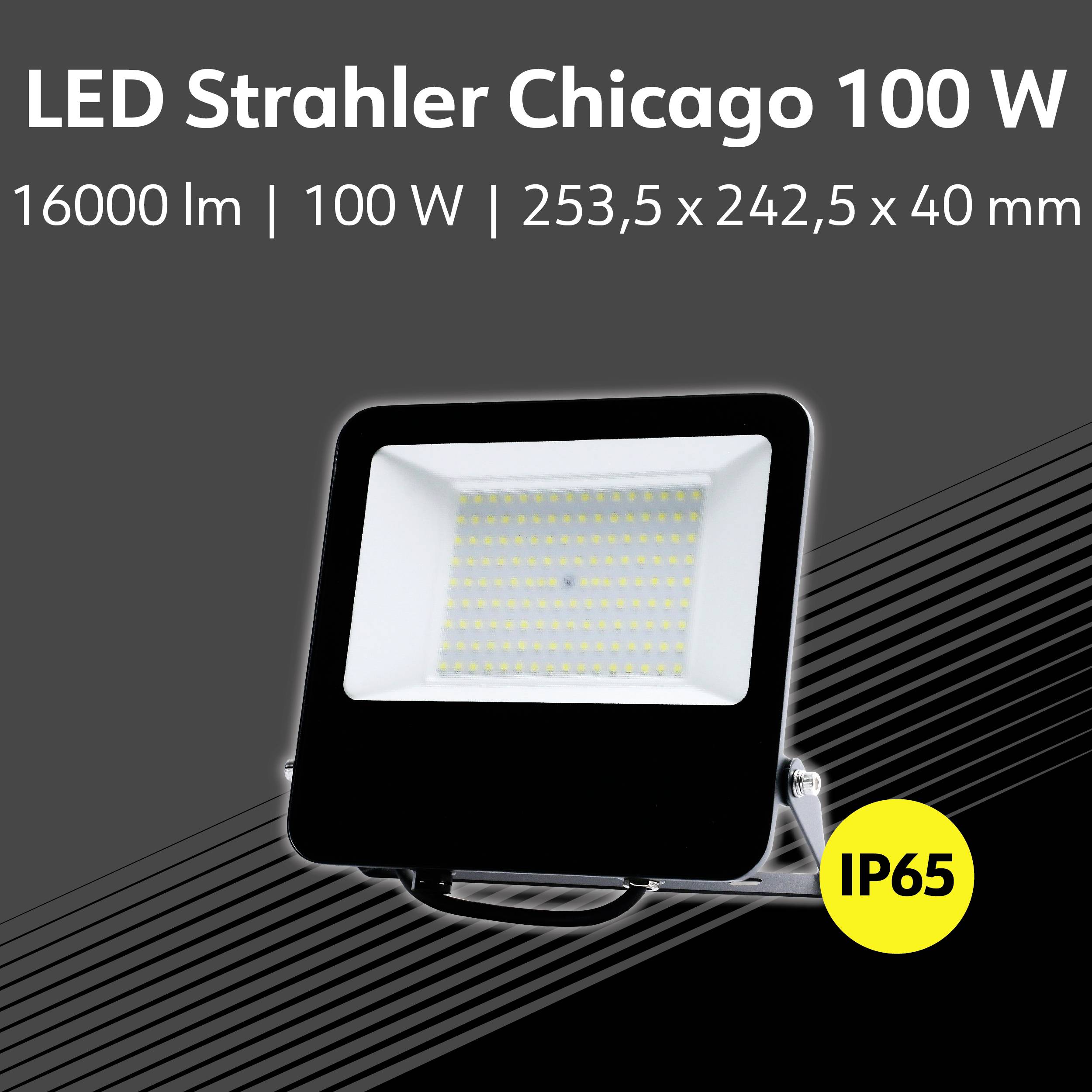 LED-Flutlichtstrahler, Modell Chicago, 100 W, 16000 Lumen, IP65, Größe 253,5 x 242,5 x 40 mm.