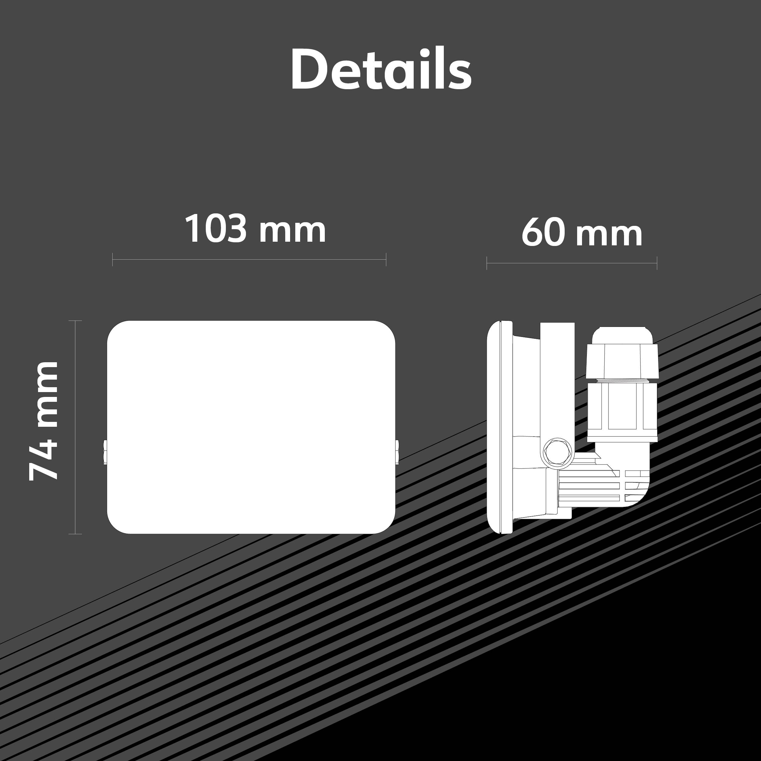 'Details': Diagramm eines rechteckigen Objekts mit den Maßen 103 mm x 74 mm x 60 mm, möglicherweise ein technisches Gerät.