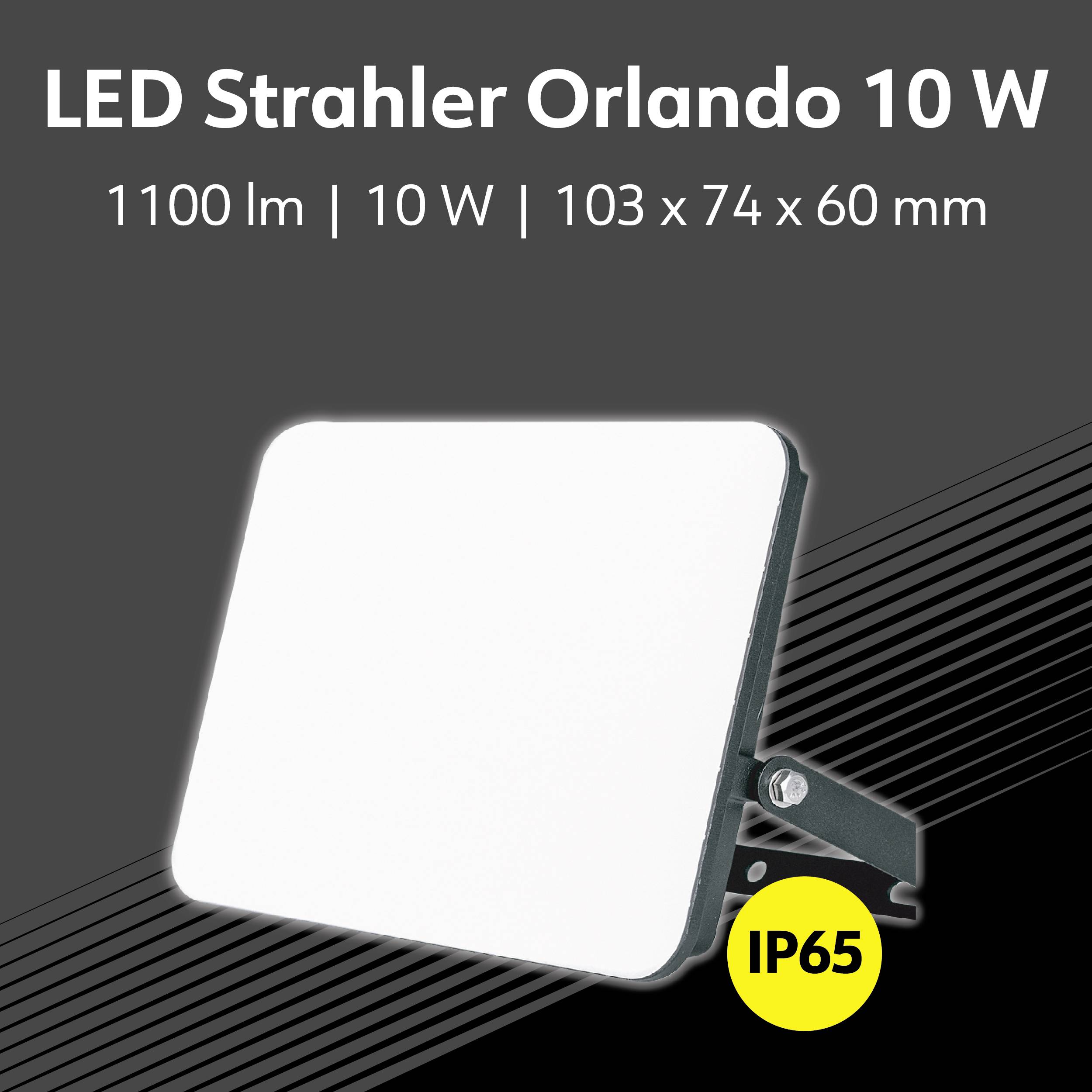 'LED Strahler Orlando 10 W' zeigt einen LED-Strahler mit 1100 lm, 10 W, Größe 103 x 74 x 60 mm und Schutzart IP65.
