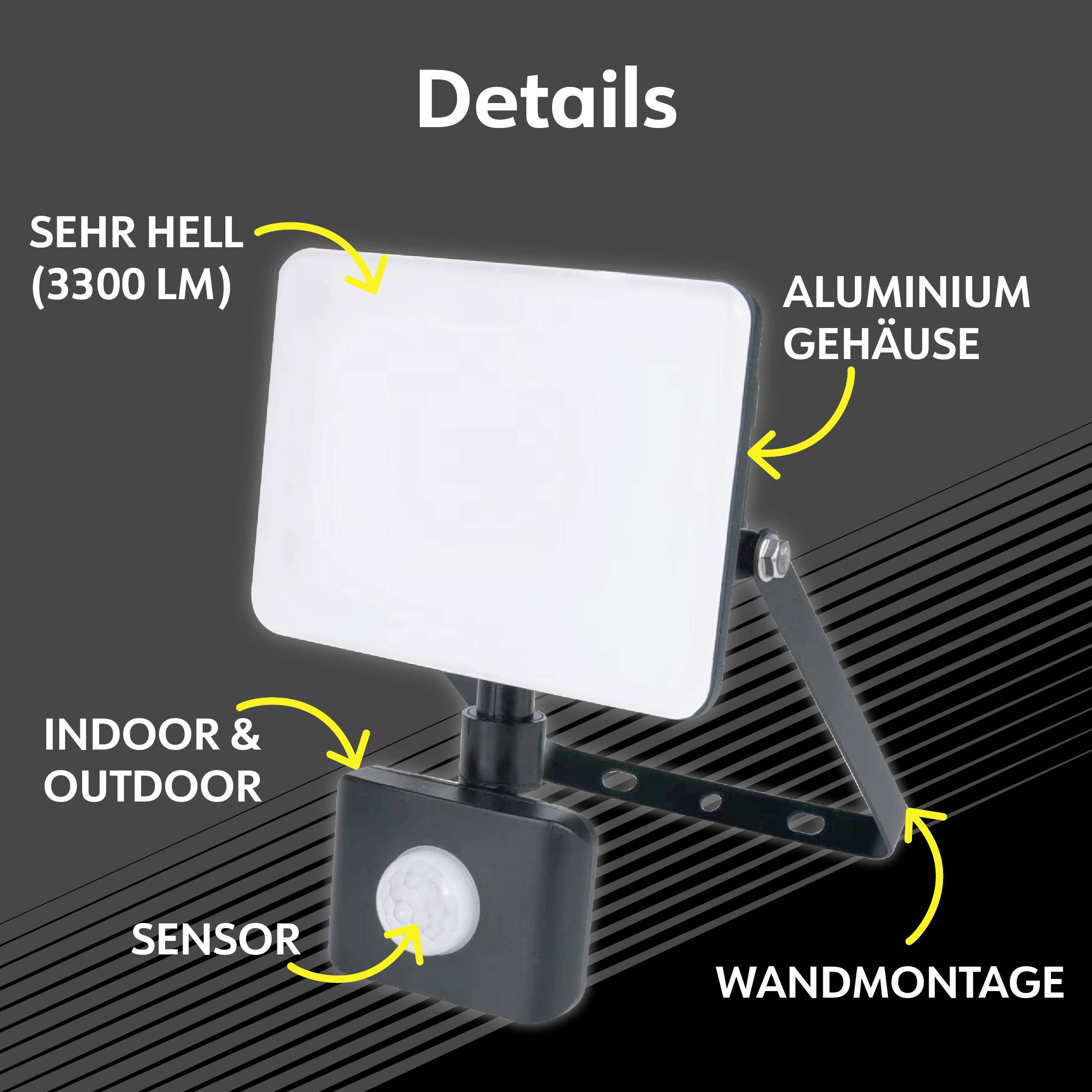 Flutlicht mit Aluminiumgehäuse, sehr hell (3300 LM), für Innen- und Außenbereich, inklusive Sensor, geeignet für Wandmontage.