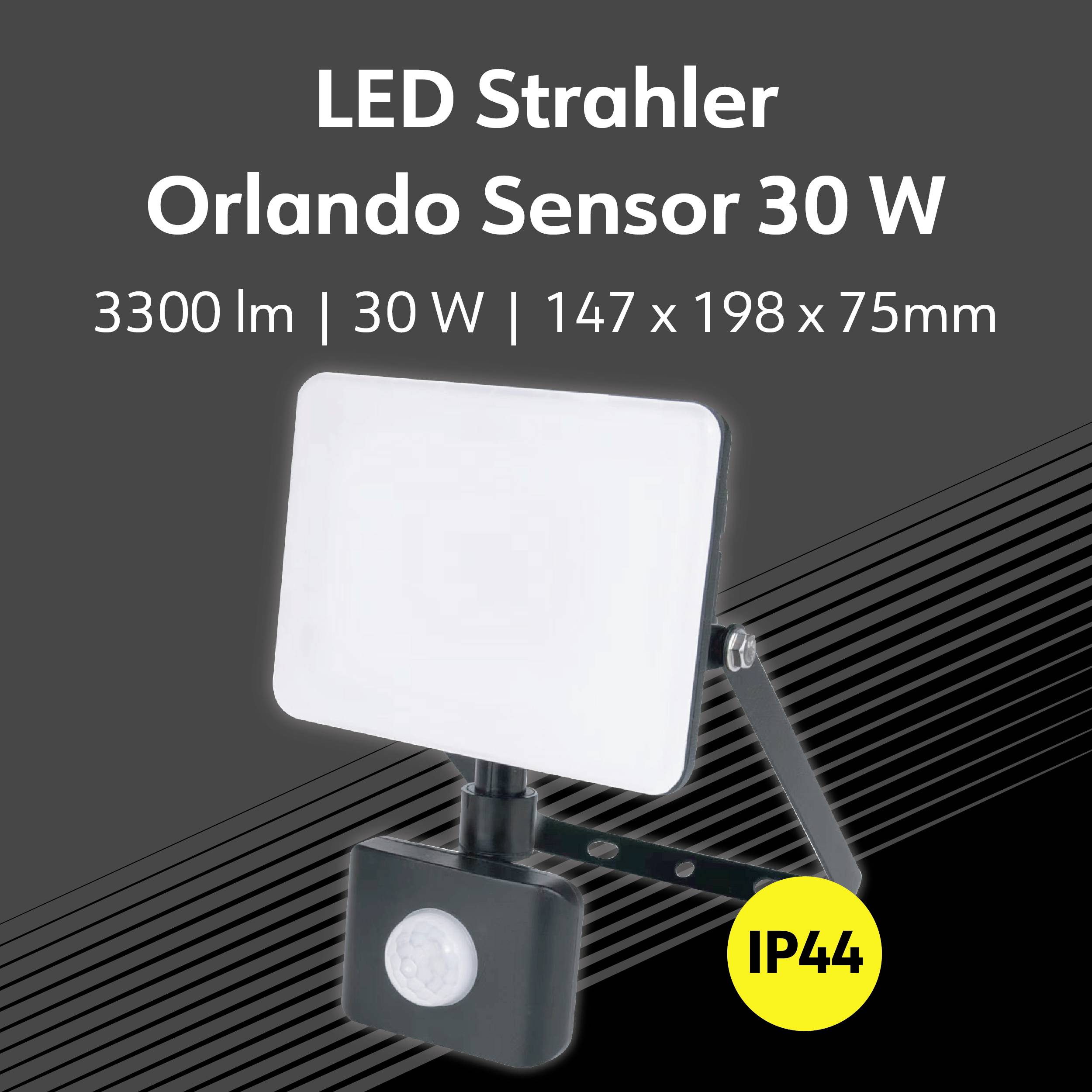 LED Strahler mit Bewegungssensor, 30 Watt, 3300 Lumen, IP44, Maße 147 x 198 x 75 mm.