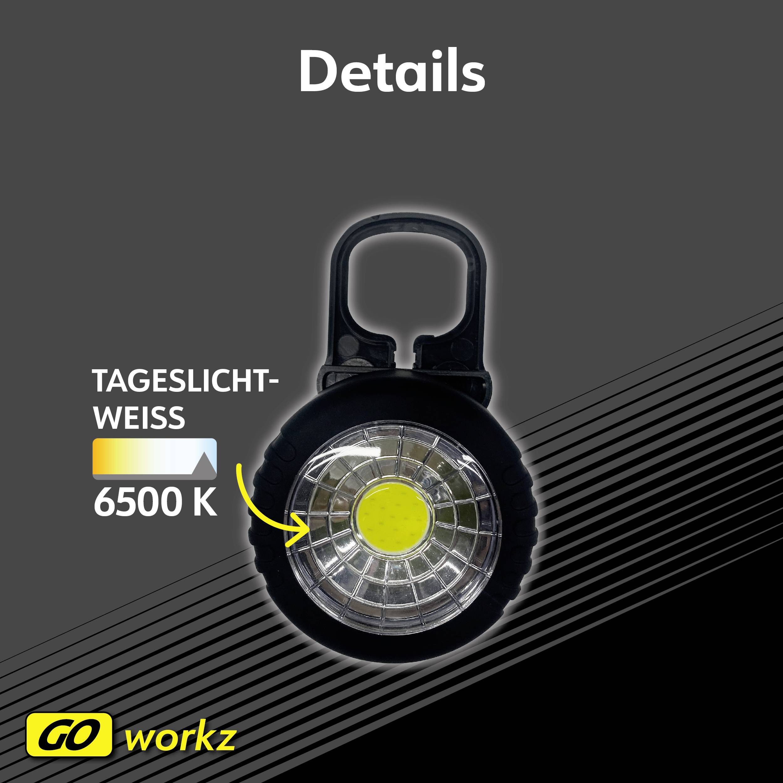 'Details' steht oben. Im Mittelpunkt eine runde Leuchte mit 6500 K Tageslicht-weißem Licht. Logo unten links: 'GO workz'.