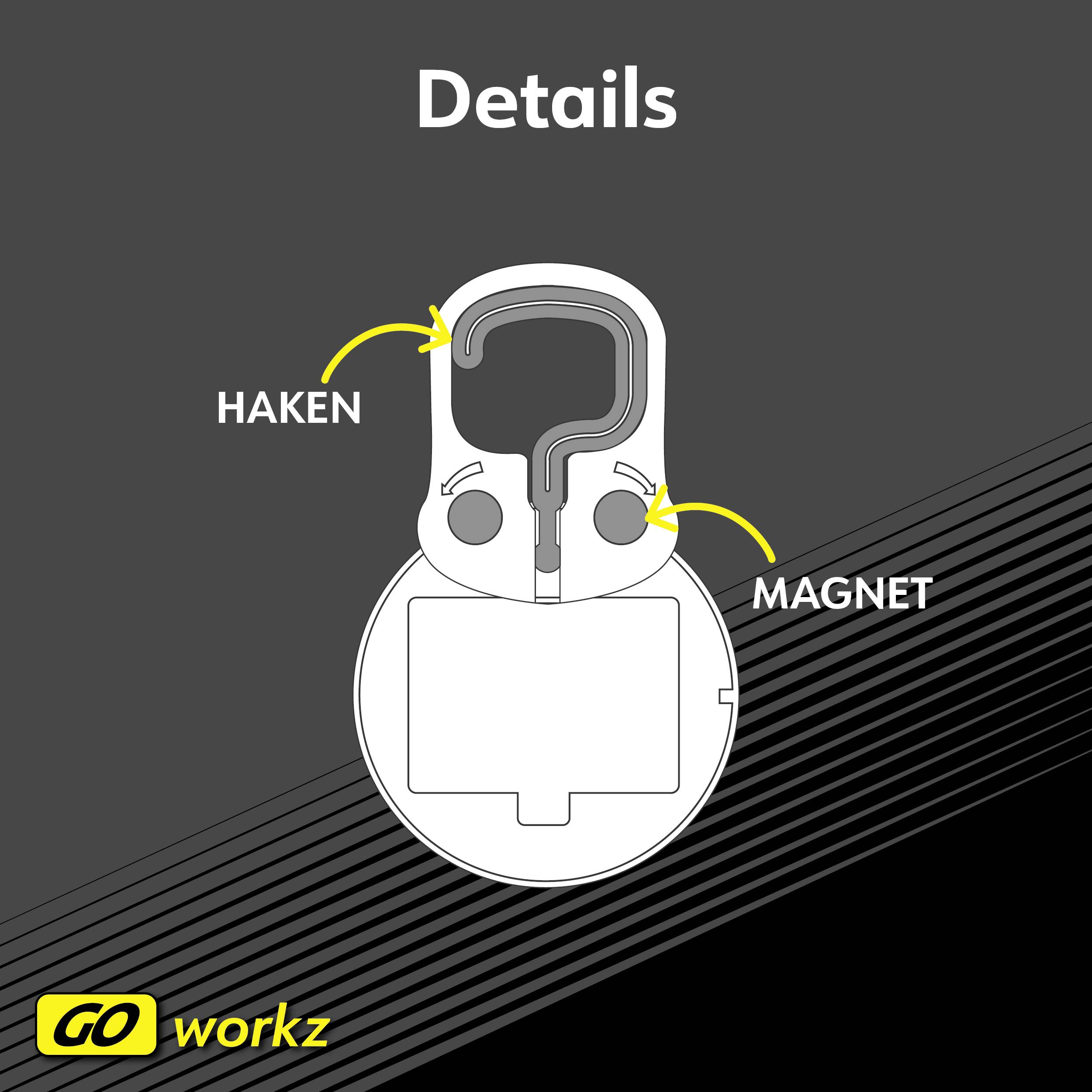 'Details': Diagramm einer Halterung mit markierten Teilen 'Haken' und 'Magnet'. Markenlogo 'GO workz' in der Ecke.