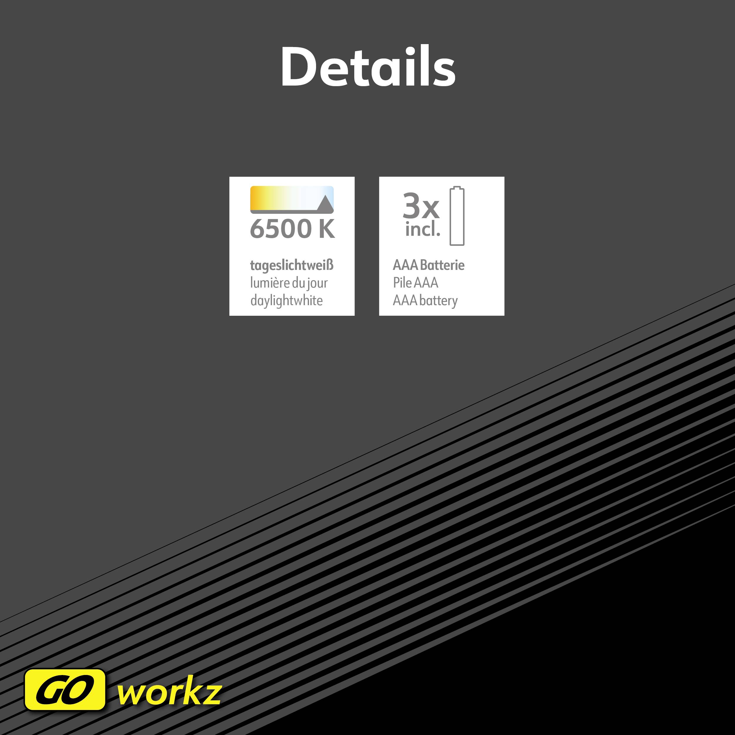 Details: Helligkeitsoptionen mit Temperaturanzeige '6500K' und Energiequelle '3x AAA Batterie'. Logo 'GO workz' unten links.