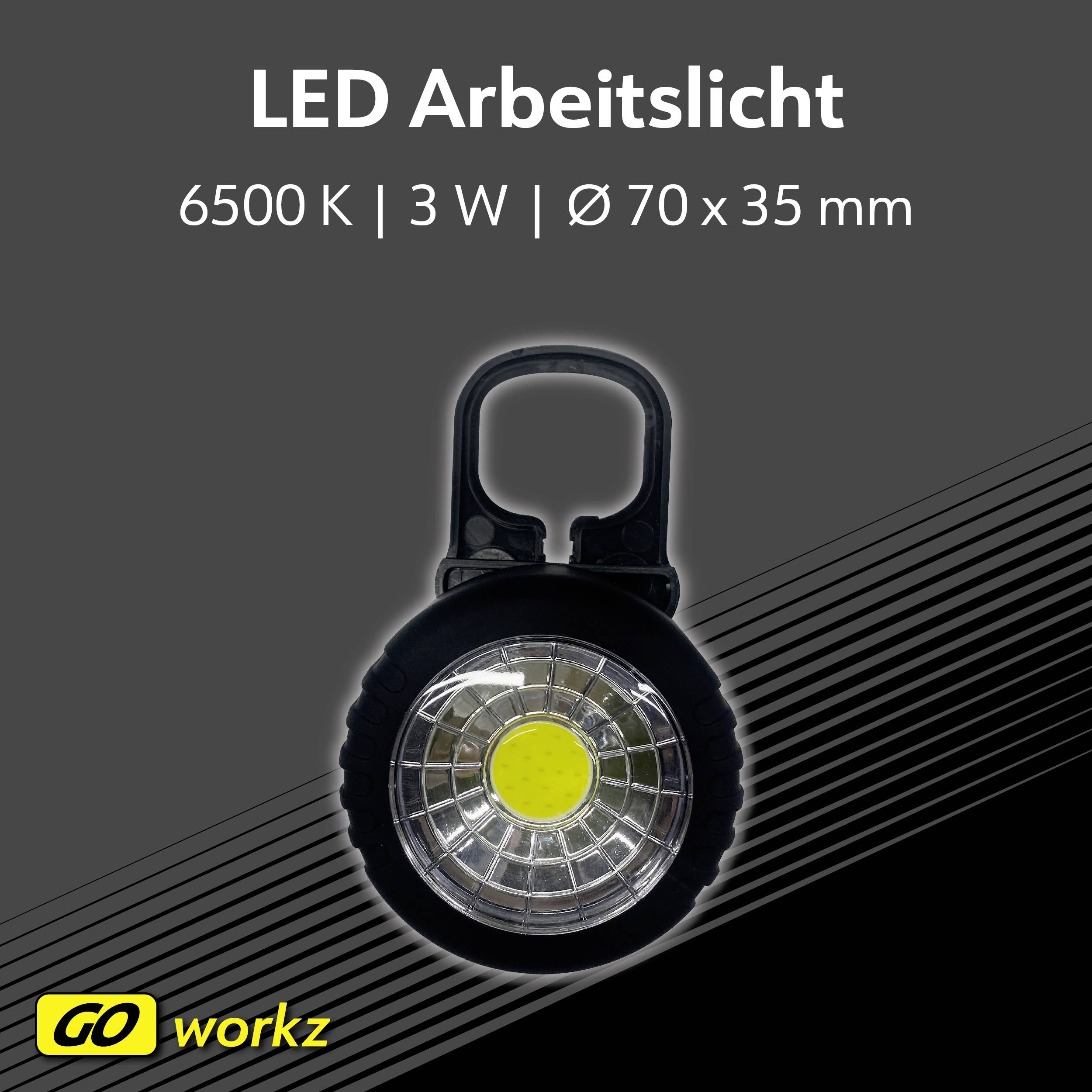 'LED Arbeitslicht' zeigt eine runde Leuchte mit 6500 K, 3 W. Maße: Durchmesser 70 x 35 mm. Markenname unten links im Bild.