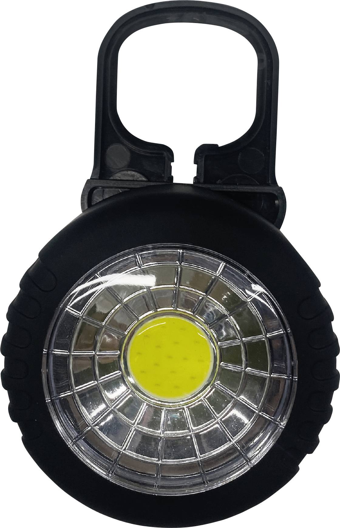 Tragbare LED-Lampe mit Haltegriff, geeignet für Outdoor-Aktivitäten oder als Campinglicht. Rundes Design mit schwarzem Gehäuse.
