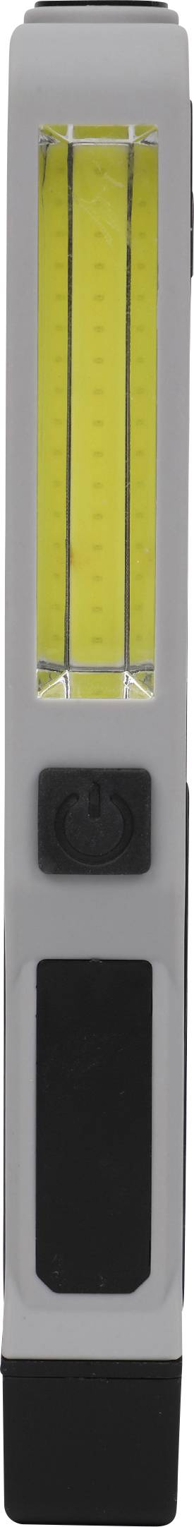 Graue und schwarze tragbare LED-Lampe in schlanker Bauform. Ideal für mobile Anwendung, mit einem leuchtend gelben Lichtstreifen.