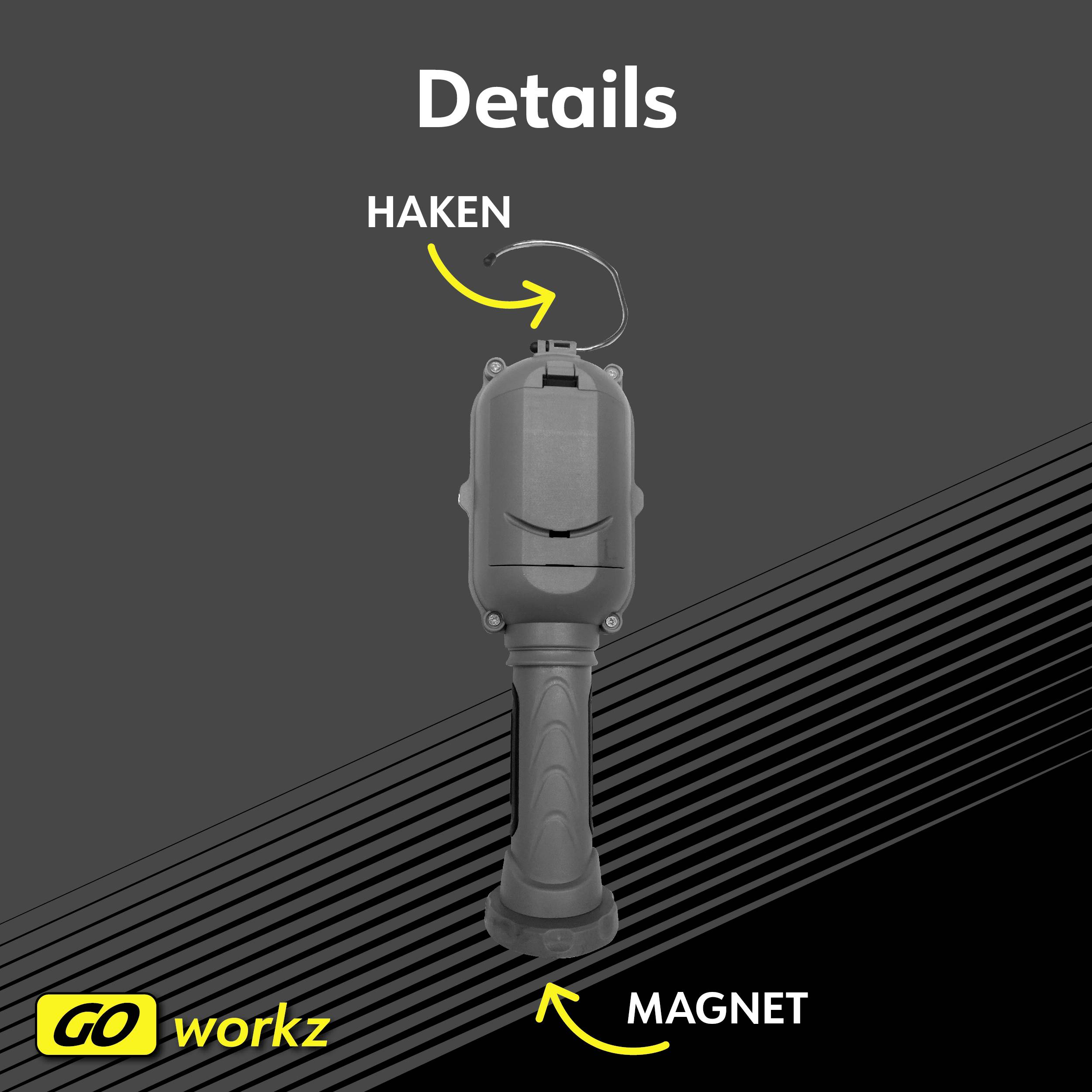 Handlampe mit Griff und Haken oben, Magnet unten. Text: 'Details', Marke: 'GO Workz'.