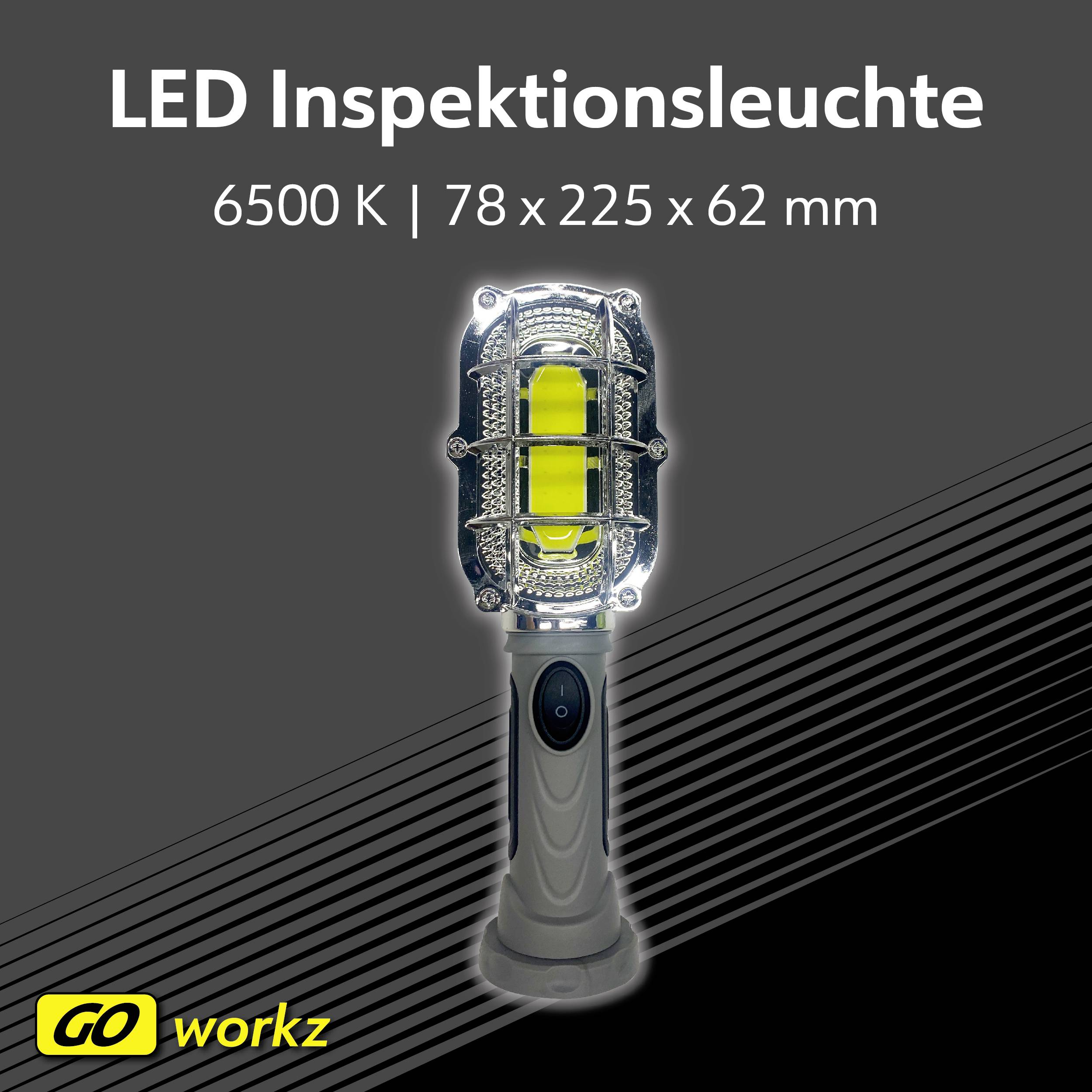 'LED Inspektionsleuchte, 6500 K, Maße: 78 x 225 x 62 mm.' Abgebildet ist die Leuchte in einer schrägen Ansicht auf grauem Hintergrund.