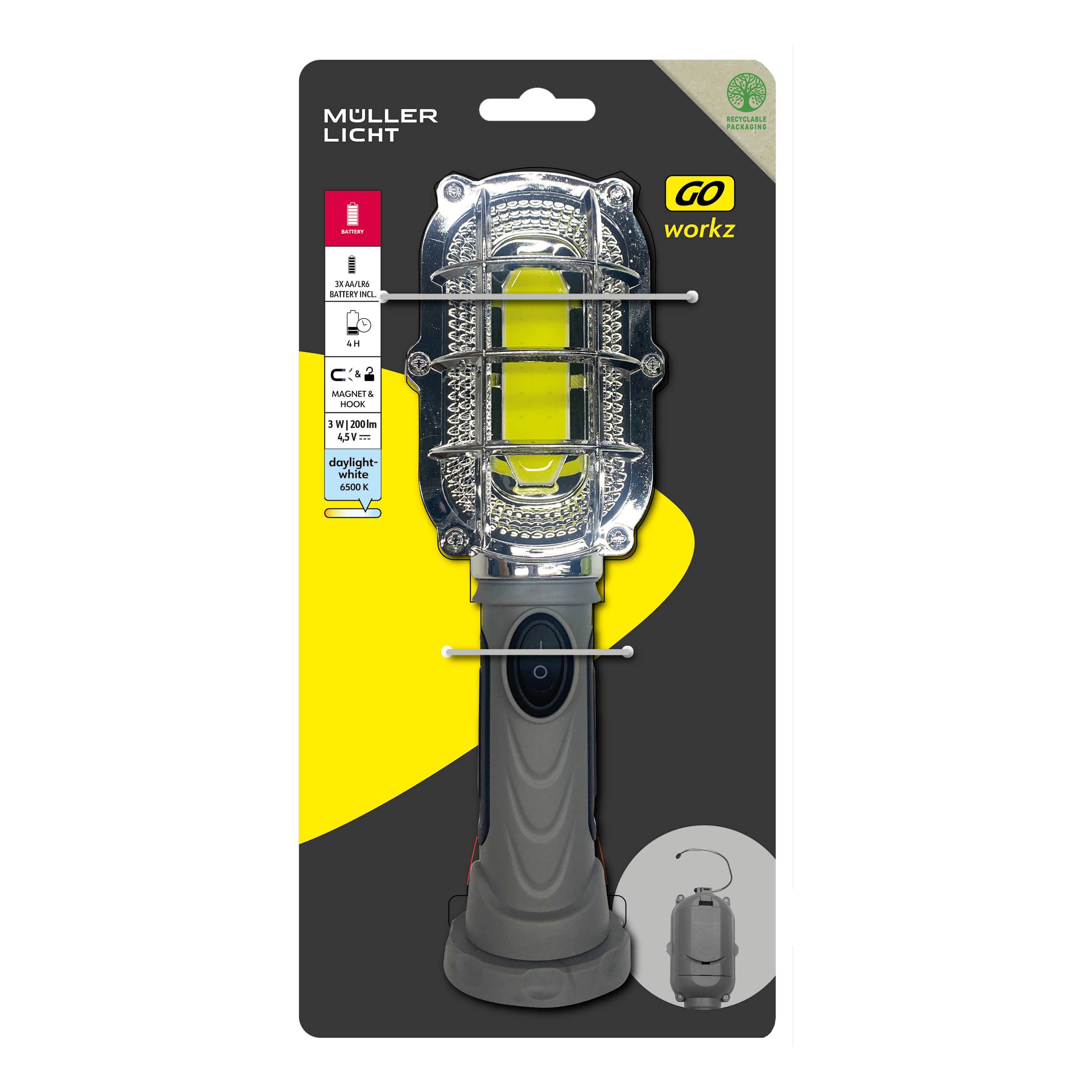 Handlampe in Verpackung, mit silbernem Lampenkopf und grauem Griff. Oben steht 'Muller Light', rechts daneben 'Go workz'.