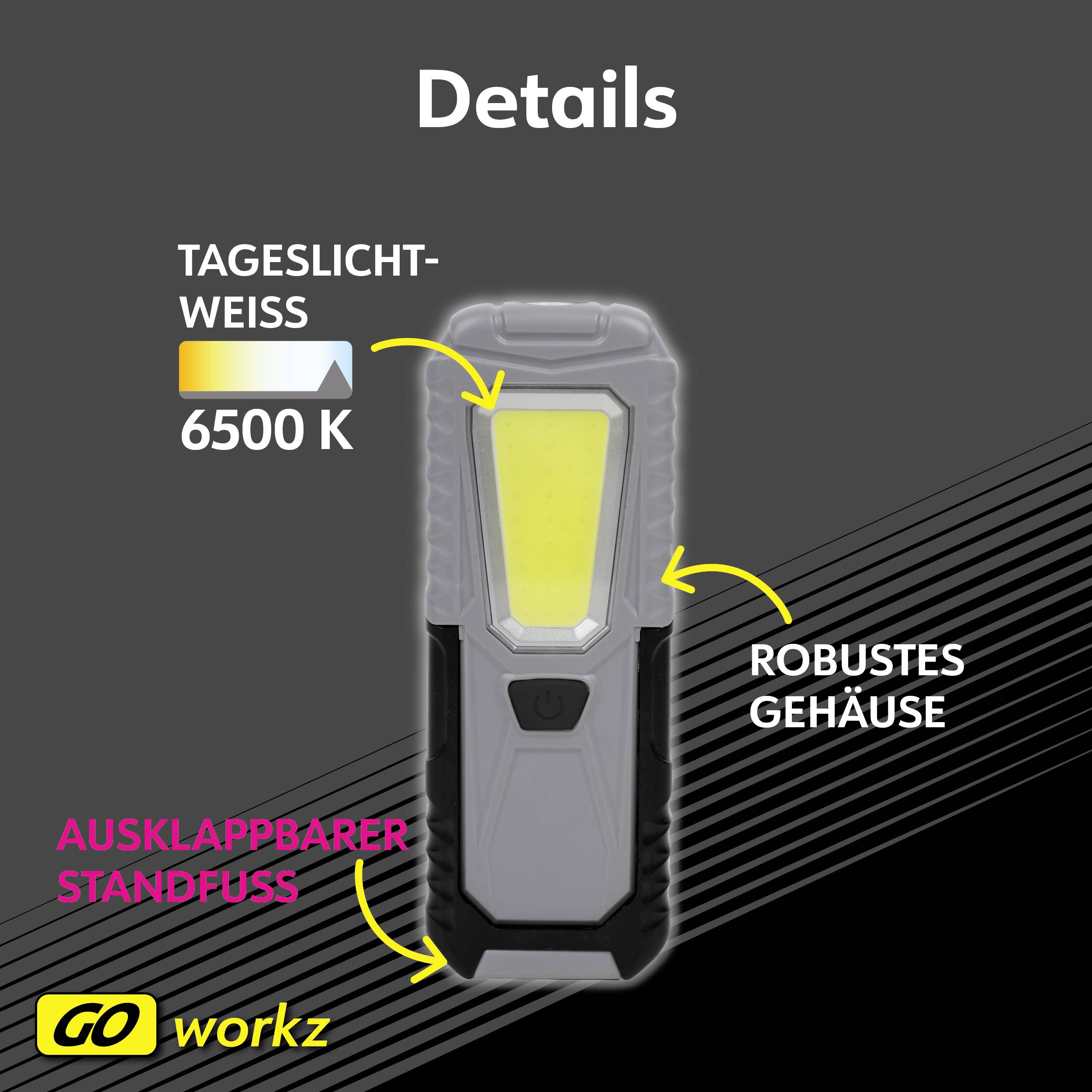 Tragbare Arbeitslampe, LED mit 6500 K Tageslichtweiß, robustem Gehäuse und ausklappbarem Standfuß, Marke 'GO workz'.