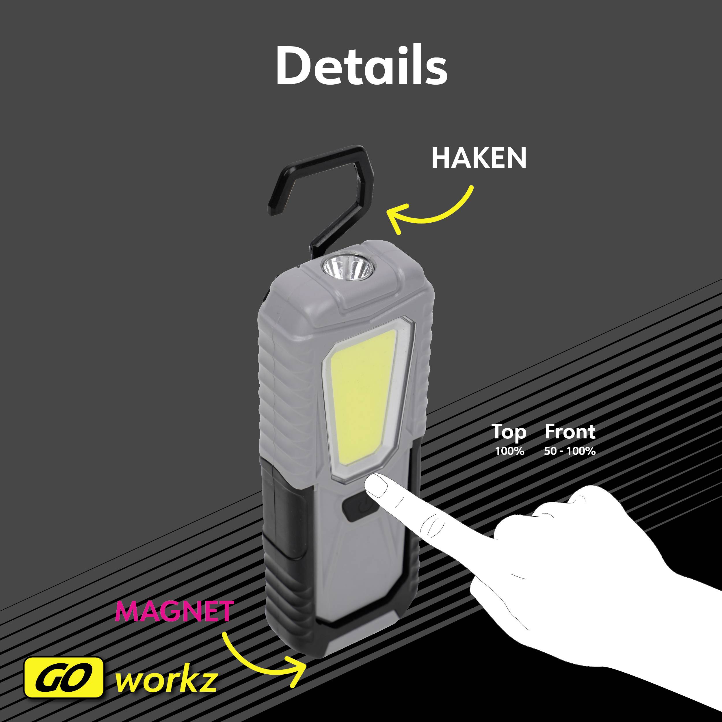 Multifunktionale Arbeitslampe mit Haken und Magnet. Zeigt die Vorder- und Oberansicht. Geeignet für verschiedene Einsatzmöglichkeiten.