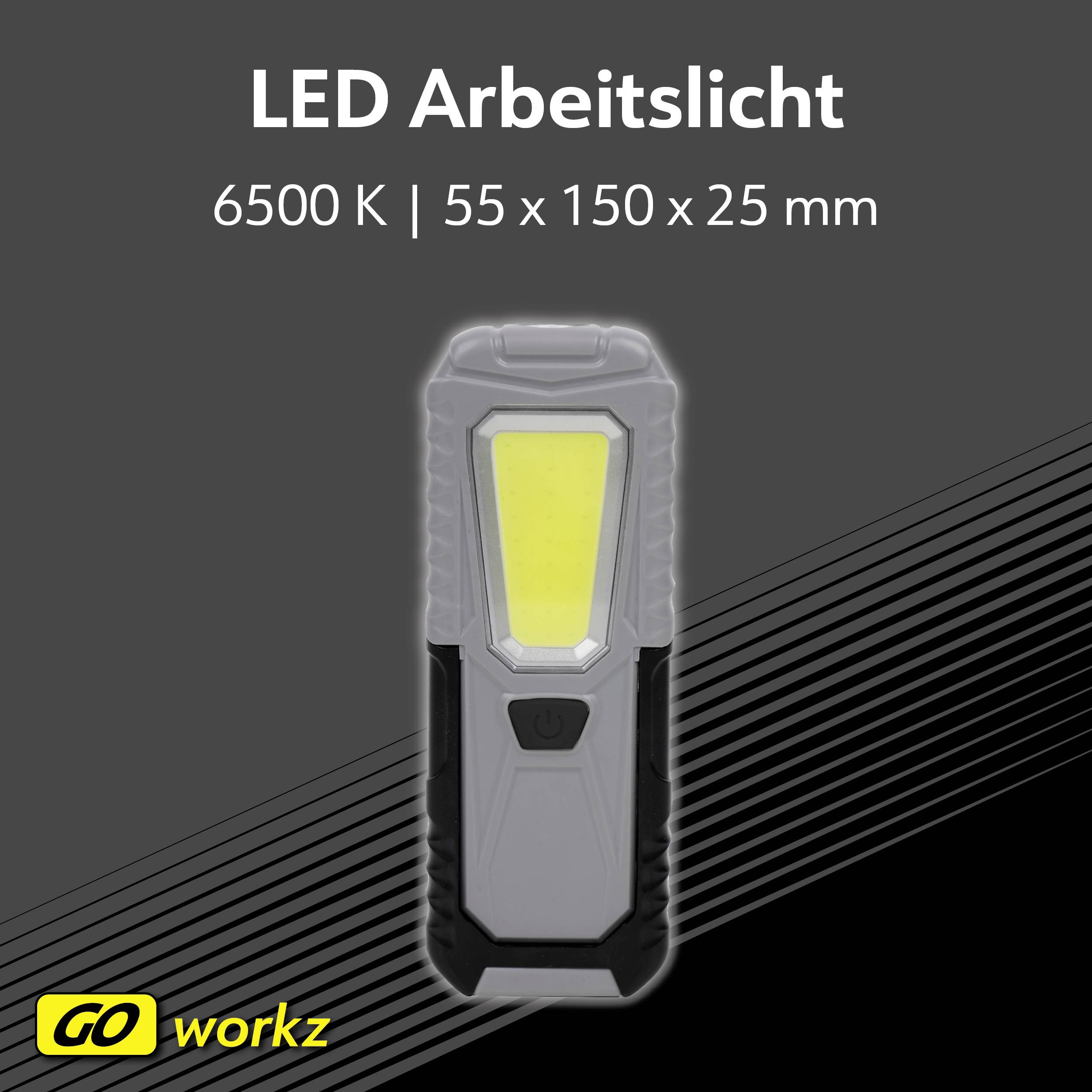 LED Arbeitslicht mit 6500 K, Abmessungen: 55 x 150 x 25 mm, von der Marke 'GO workz'.