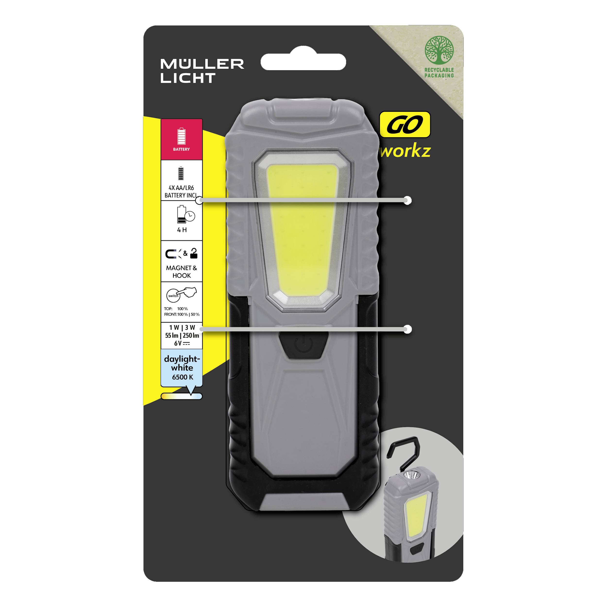 'TRAIL' Arbeitslampe von Müller Licht mit magnetischem Clip und Haken. Betrieben mit 4 AAA-Batterien, leuchtet in Tageslichtweiß (6500K).
