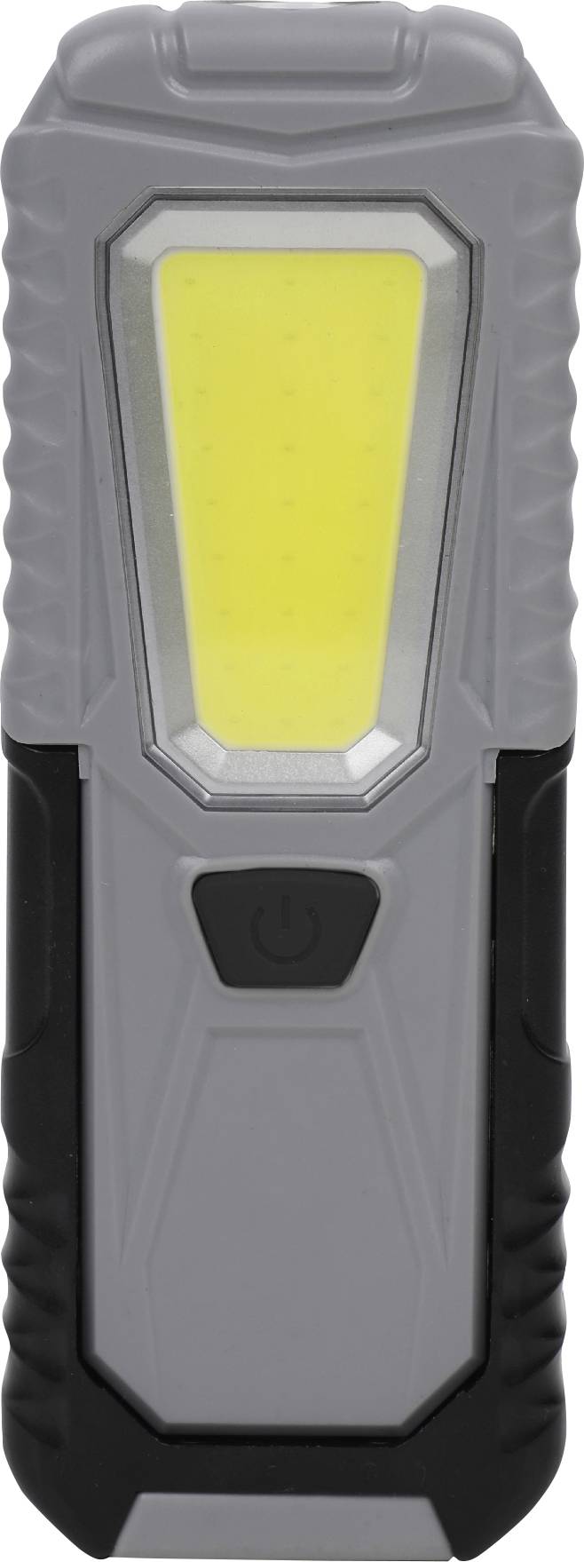 Graue, tragbare LED-Taschenlampe mit gelbem Lichtfenster und schwarzem Griff, geeignet für Outdoor-Aktivitäten oder Notfälle.