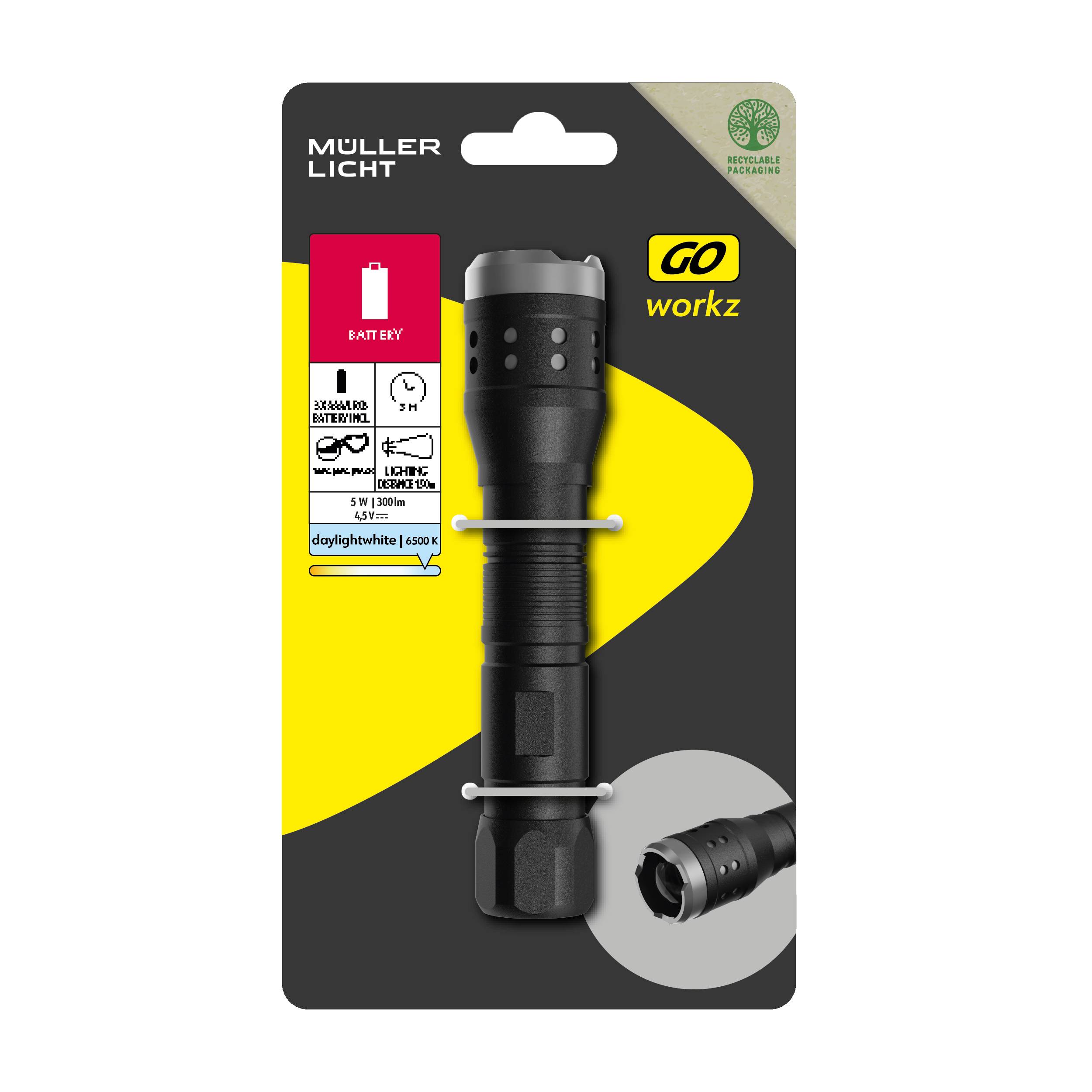 Verpackung der Müller Licht Taschenlampe mit Details zur Batterie, Helligkeit in Lumen und tageslichtweißem Licht.