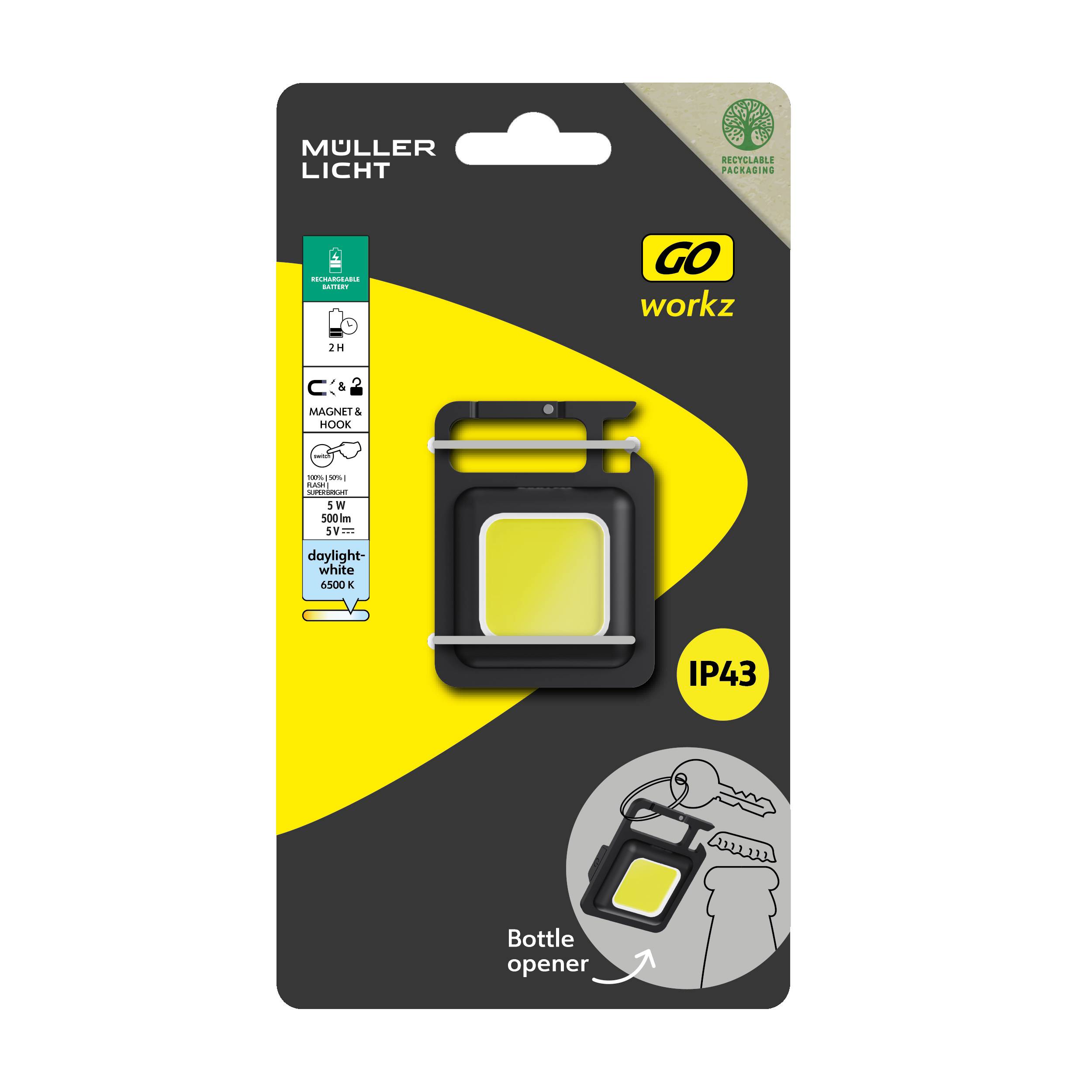 Müller-Licht LED Taschenlampe, Schlüsselleuchte mit Schlüsselanhänger akkubetrieben 500lm 40g