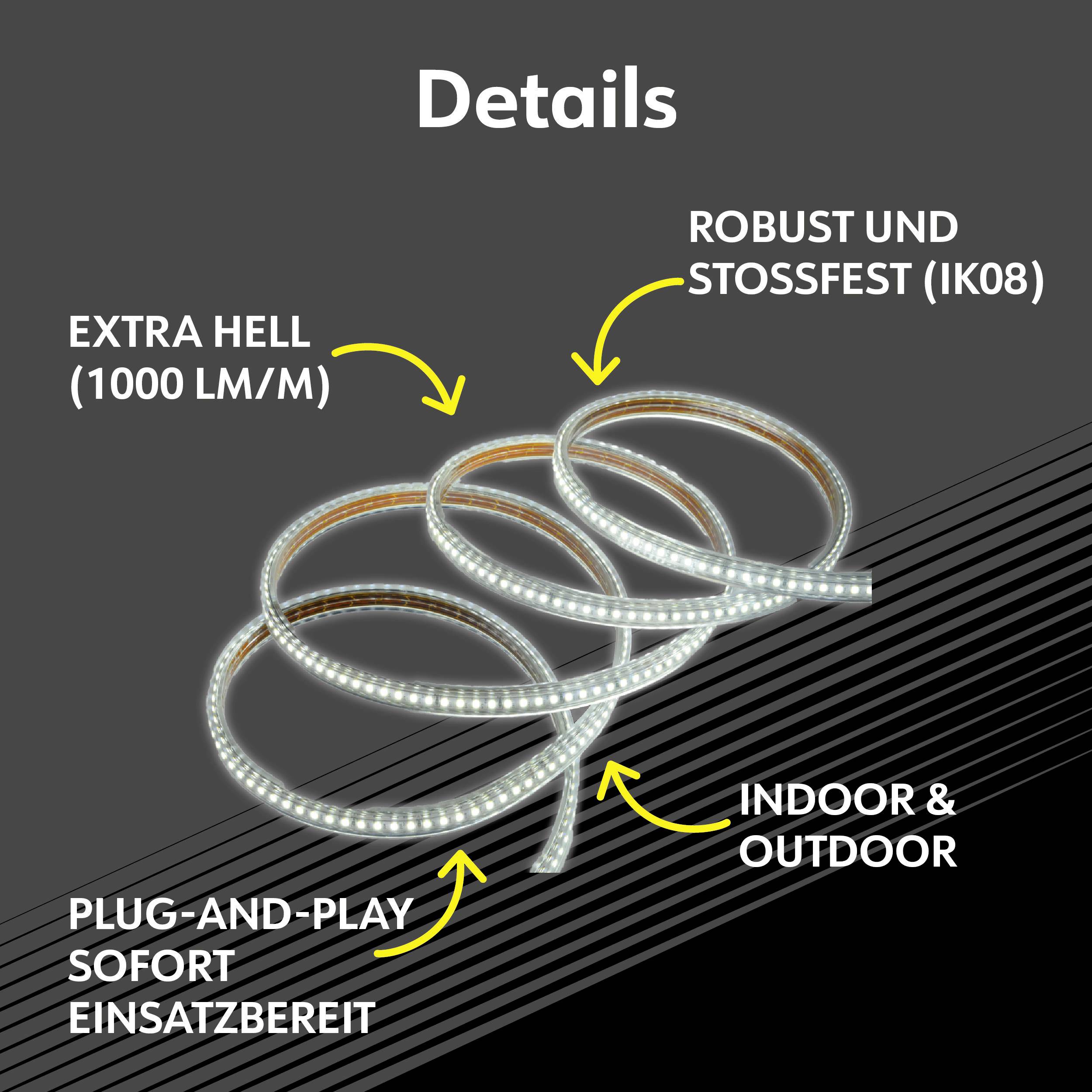 Die Abbildung zeigt einen LED-Lichtschlauch mit den Merkmalen: 'extra hell (1000 LM/M)', 'robust und stoßfest (IK08)', 'Plug-and-Play sofort einsatzbereit', 'Indoor & Outdoor'.