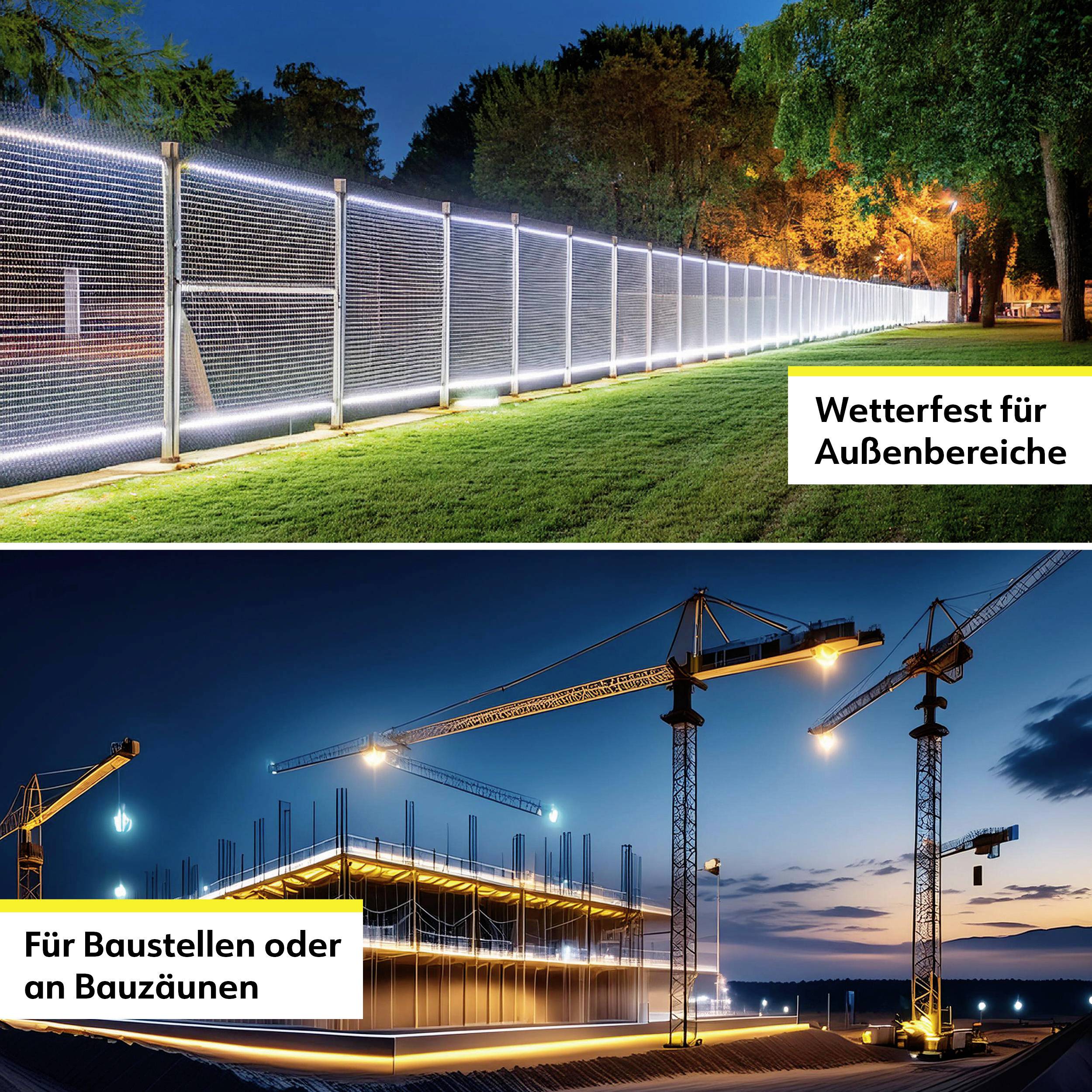 Oben: Wetterfester Zaun im Außenbereich. Unten: Baustelle bei Nacht mit mehreren Kränen und Lichtern. Text: Für Baustellen oder an Bauzäunen.